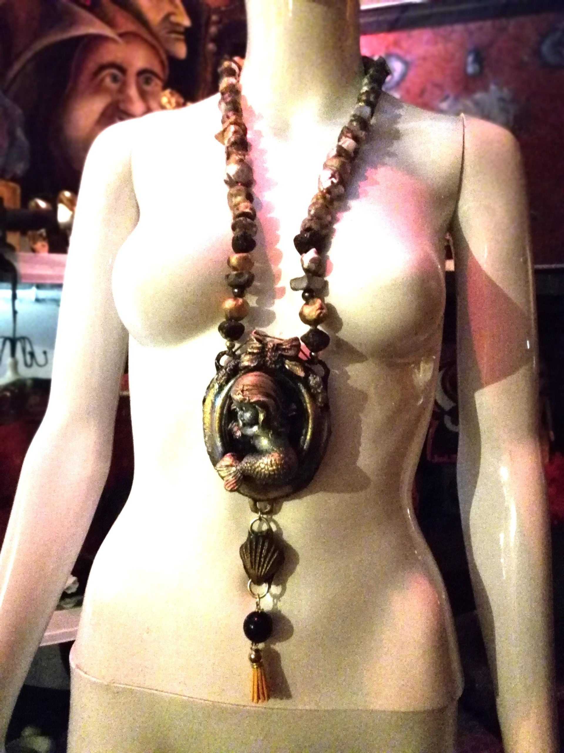 Handmade Sleeping Mermaid Pendant Necklace, Chunky Beaded Jewelry