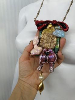 Doll Head Bird Cage Pendant, Art Deco Golden Pearl Charm