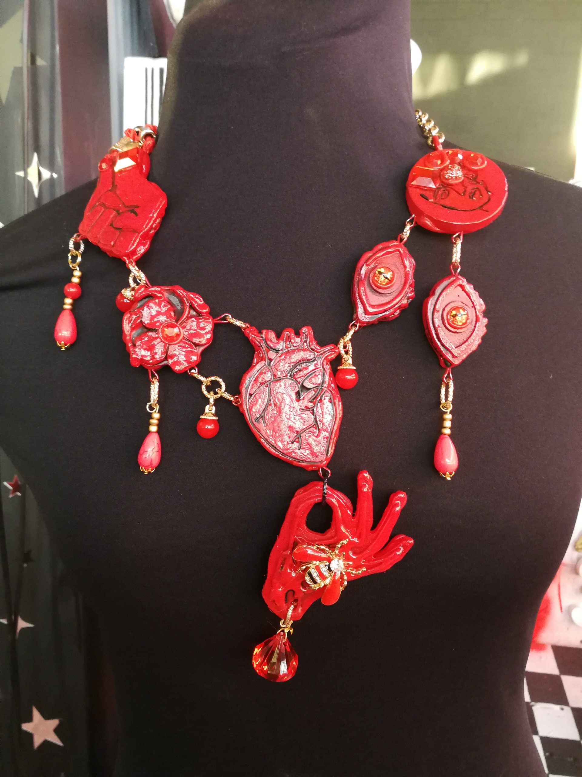 Red Anatomical Heart Statement Necklace, Evil Eye, Bee and Flower Charms