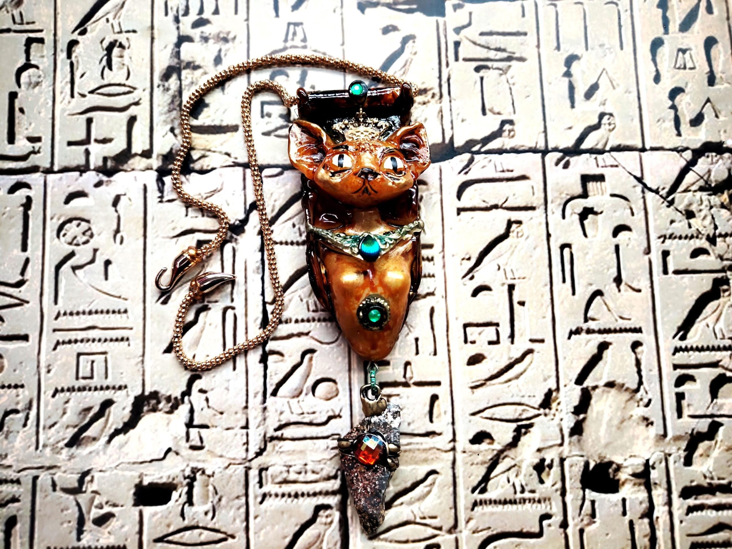 Handmade Bastet Cat Pendant, Belle Epoque Egyptian Revival Jewelry