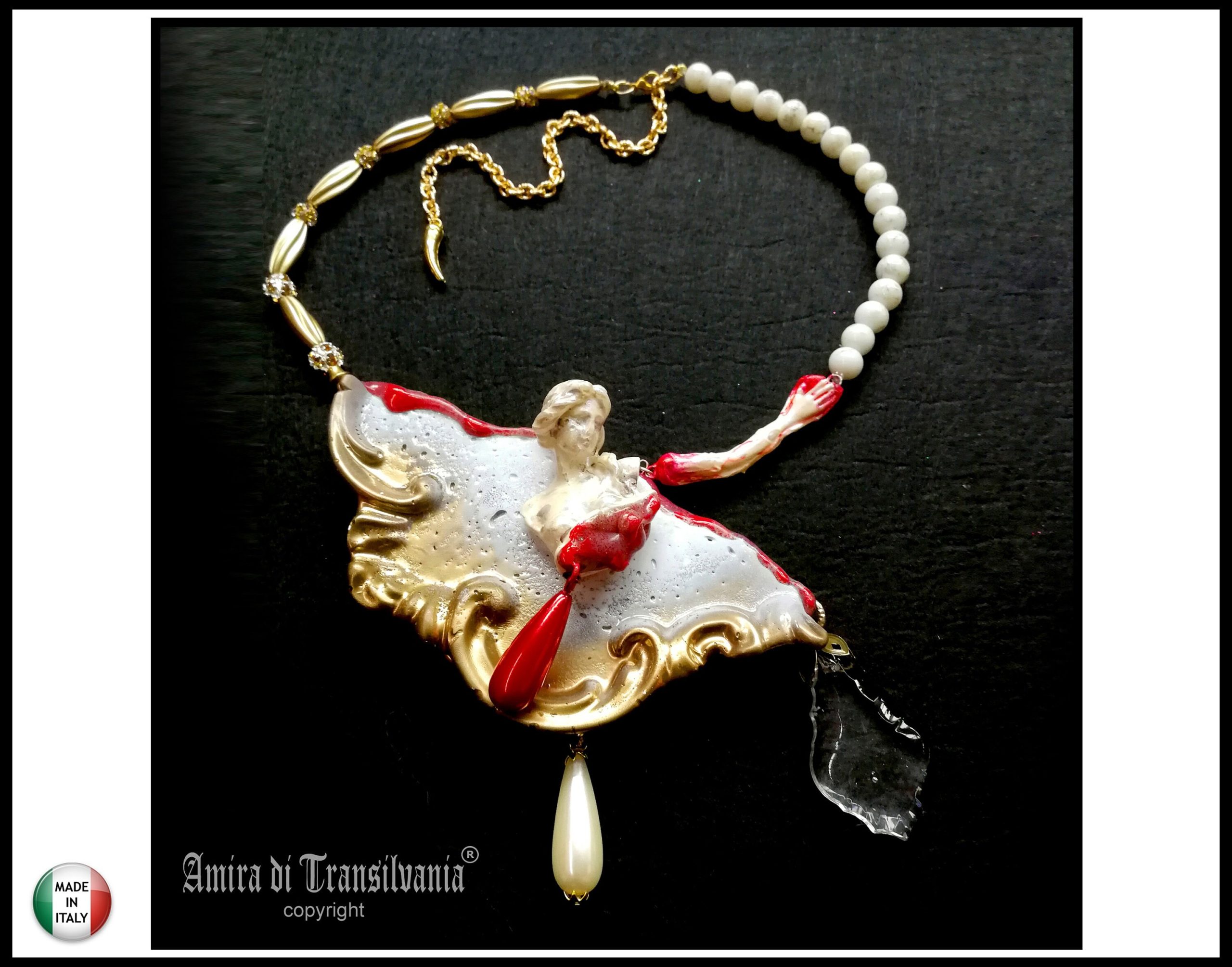 Dramatic Jewelry Baroque Luxury Bib Pendant, Sculptural Antique Statue Charm Crystal & Pearl Statement Necklace
