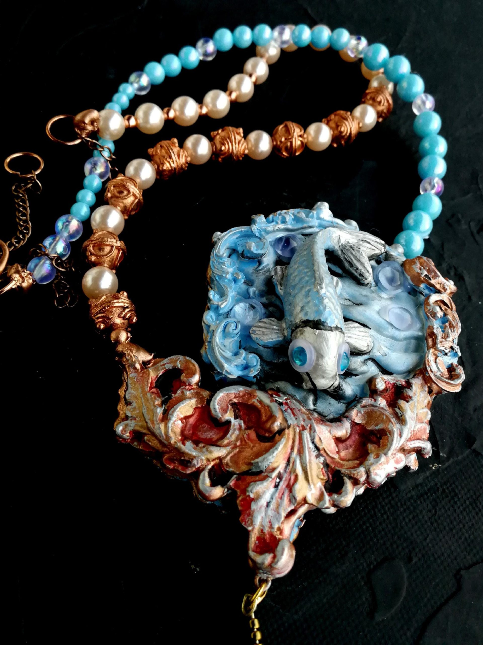 Art Deco Koi Fish Pearl Necklace, Handmade Sea Life Amulet