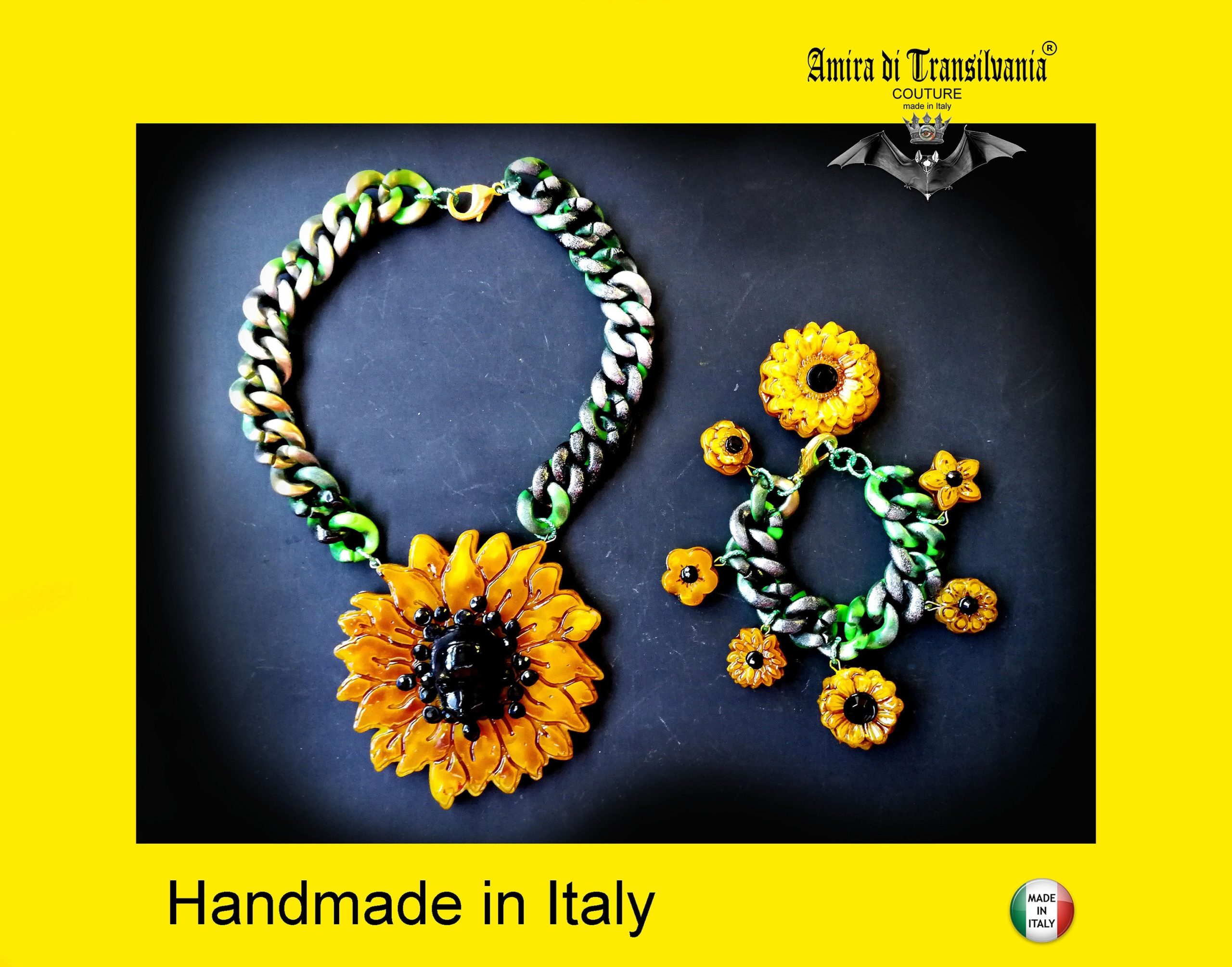 Sunflower Necklace and Bracelet Daisy Pendant, Floral Suit Set Jewelry, Sun Flower Brutalist Modernist