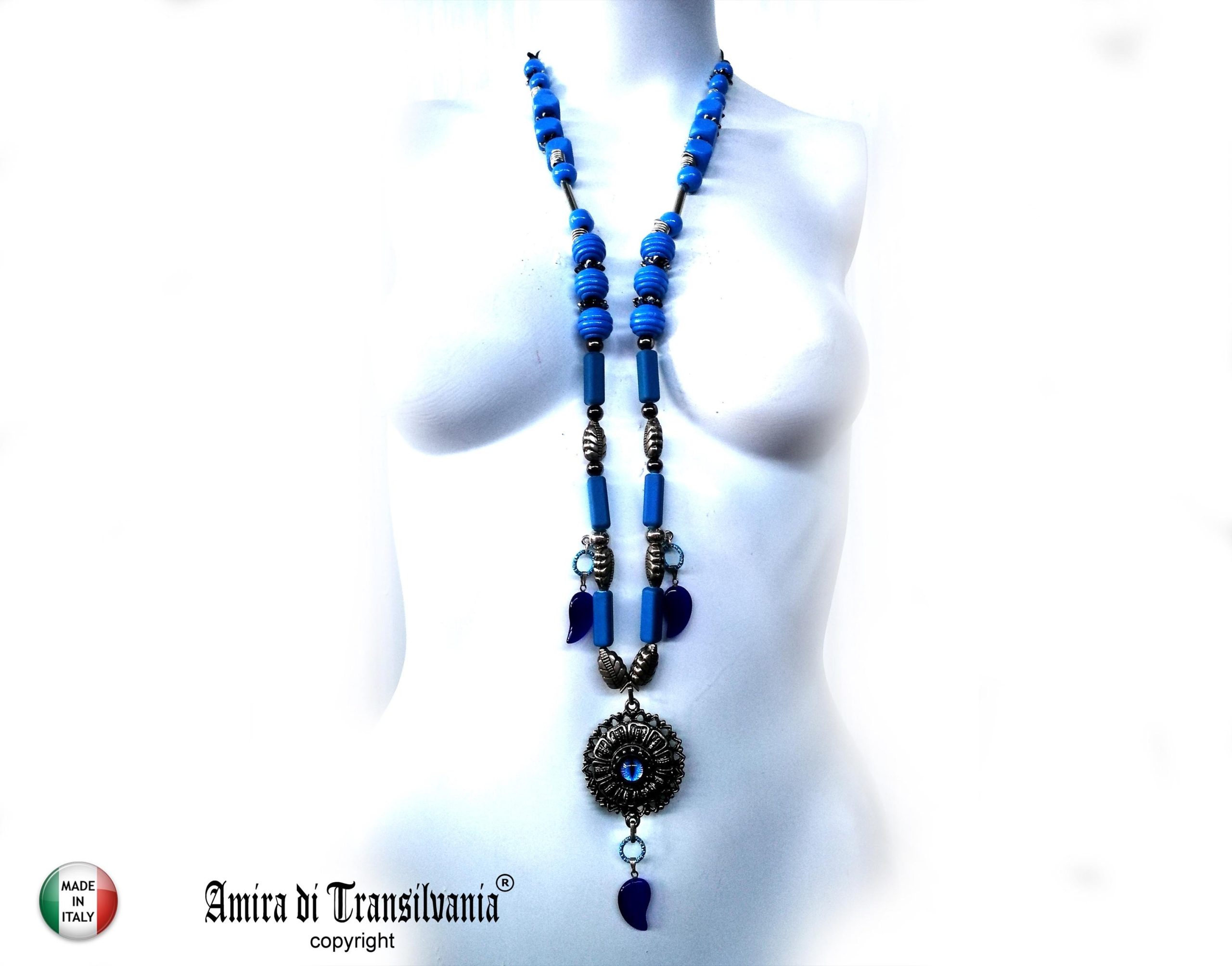 Turkish Evil Eye, Statement Pendant Good Luck Boho Ethnic Folk Jewelry Necklace Silver Charm