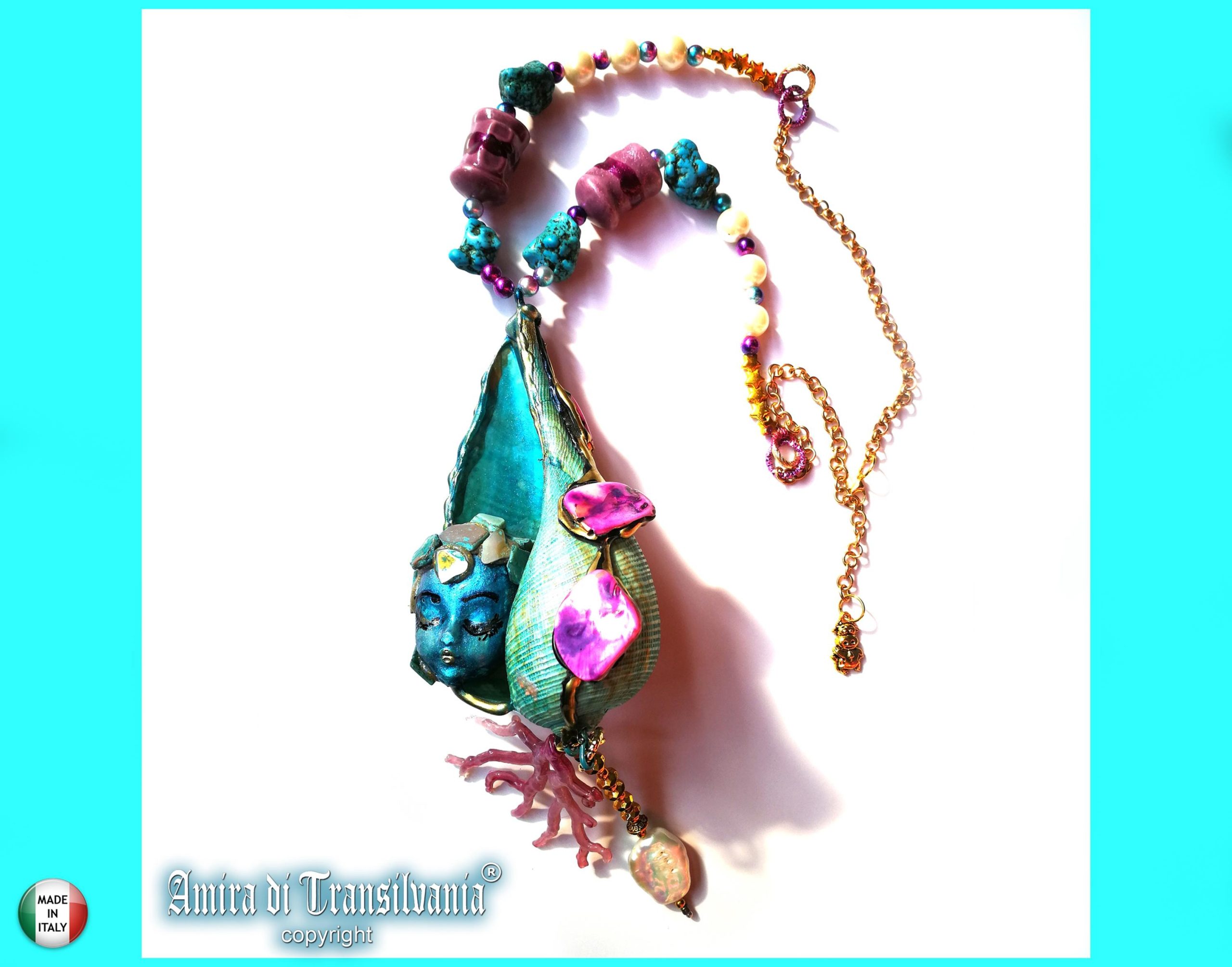 Turquoise Necklace, Puka Shell Stone Luxury Jewelry, Nautilus Pendant Seashell Natural Sea Conch & Cowrie