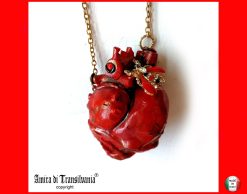 Anatomical Heart Red Necklace, Bee Nest Pendant Lucky Charm, Sculptural Statement Jewelry Choker Chain