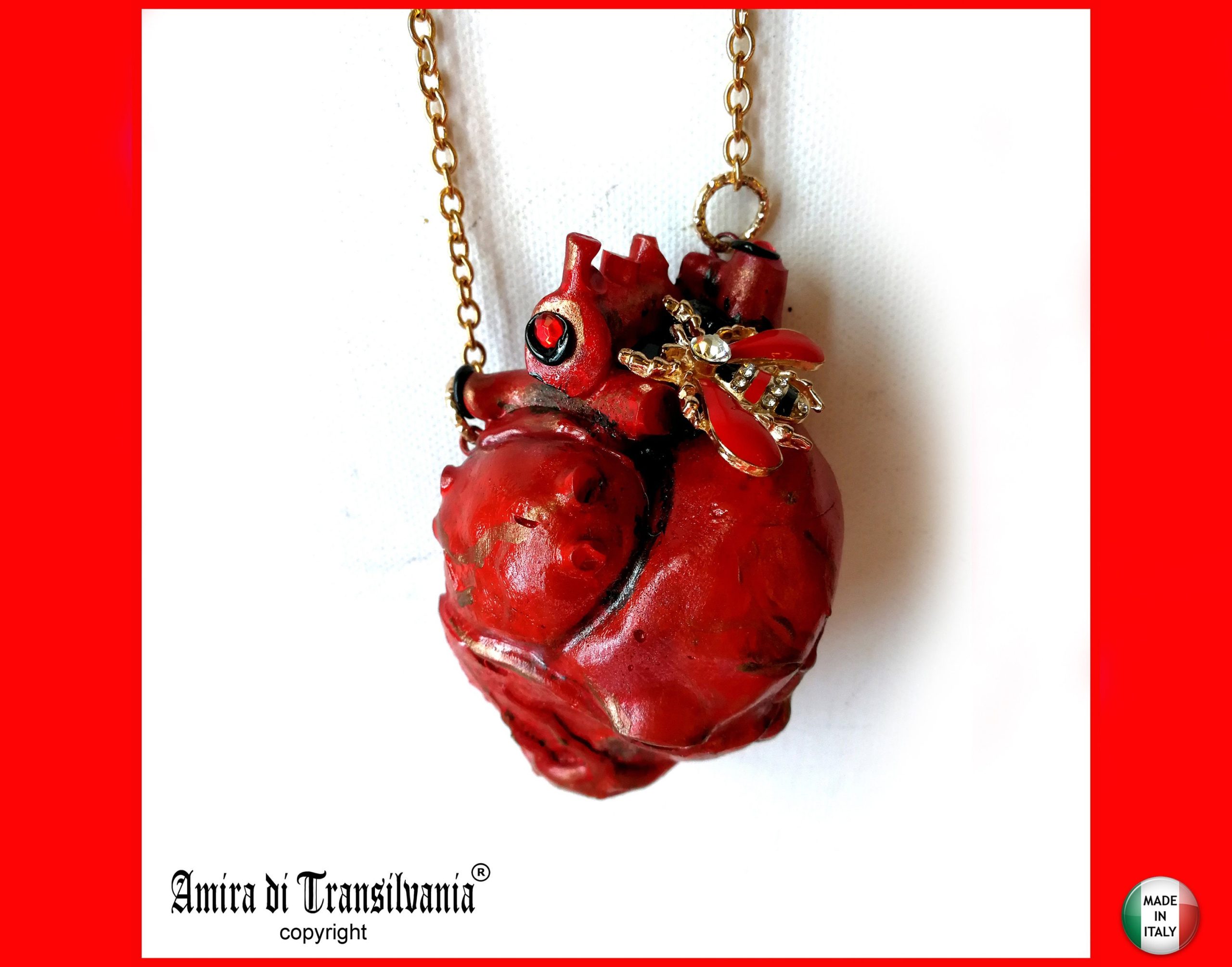 Anatomical Heart Red Necklace, Bee Nest Pendant Lucky Charm, Sculptural Statement Jewelry Choker Chain