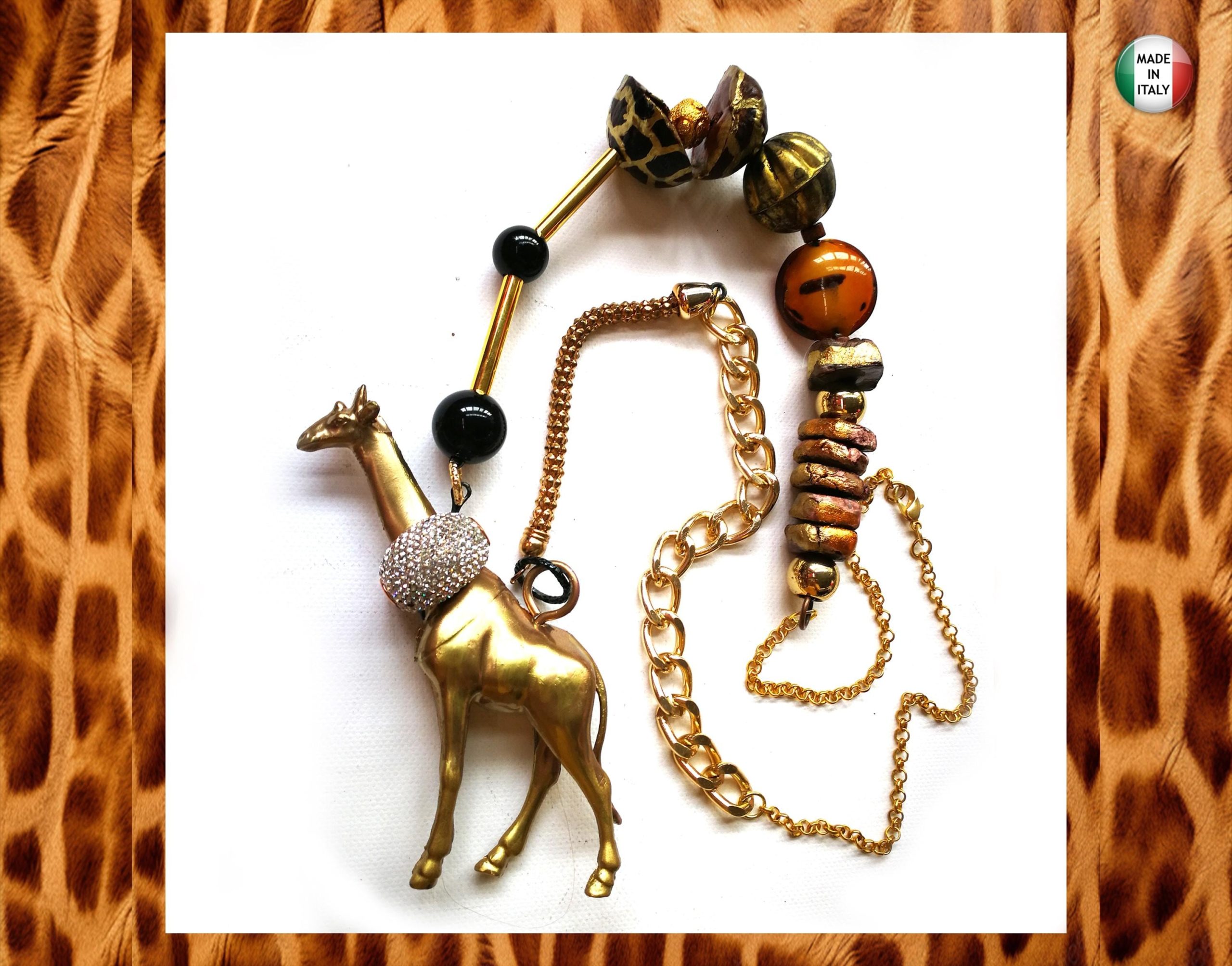 Designer Jewelry, Extravagant Pendant Animal, Giraffe Locket Statement Necklace Savana Wild Charm Beaded Chain