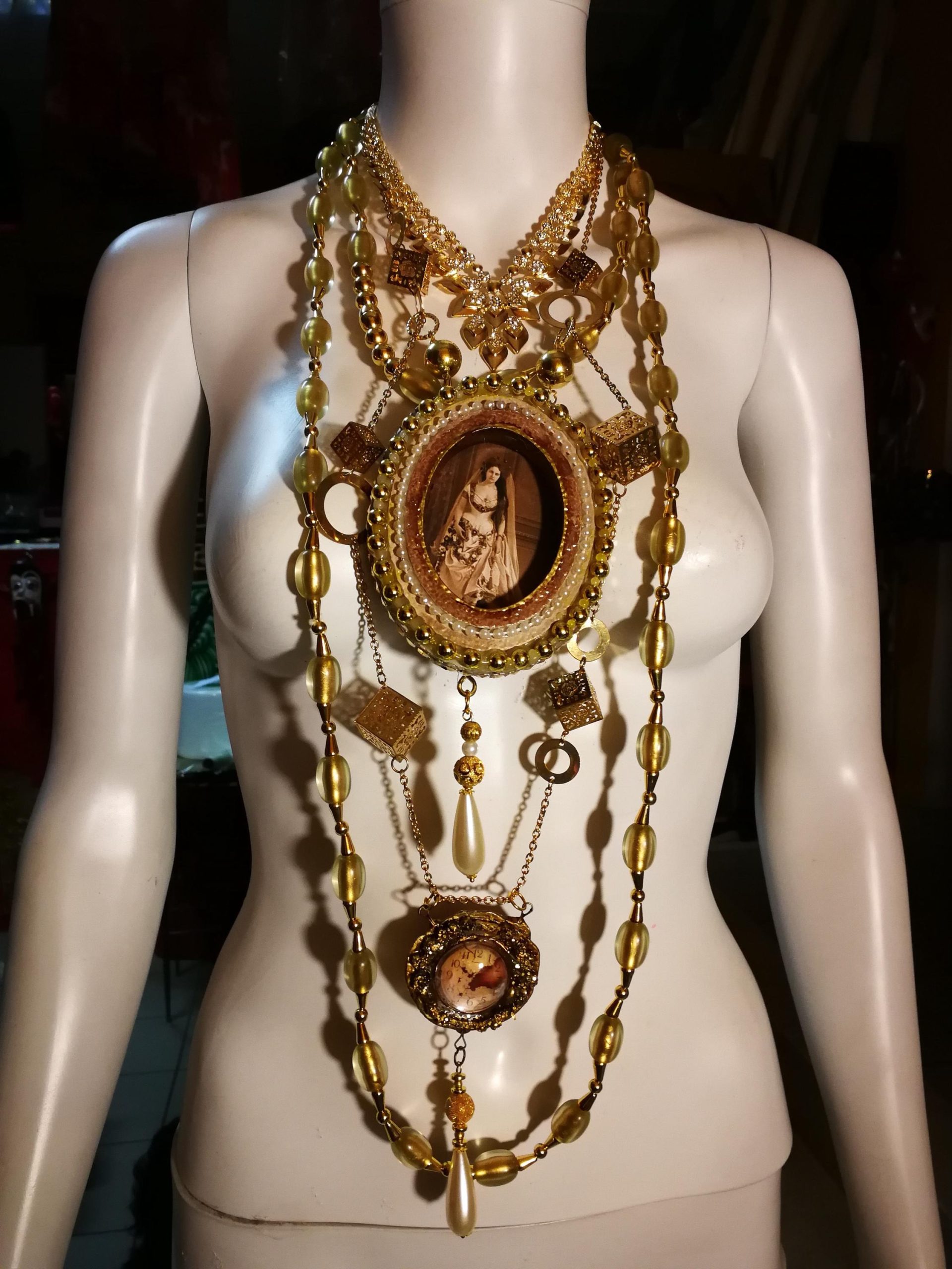 Layered Necklace, Countess of Castiglione Vintage Photo Lariat Pendant, Statement Jewelry Antique Historical Baroque