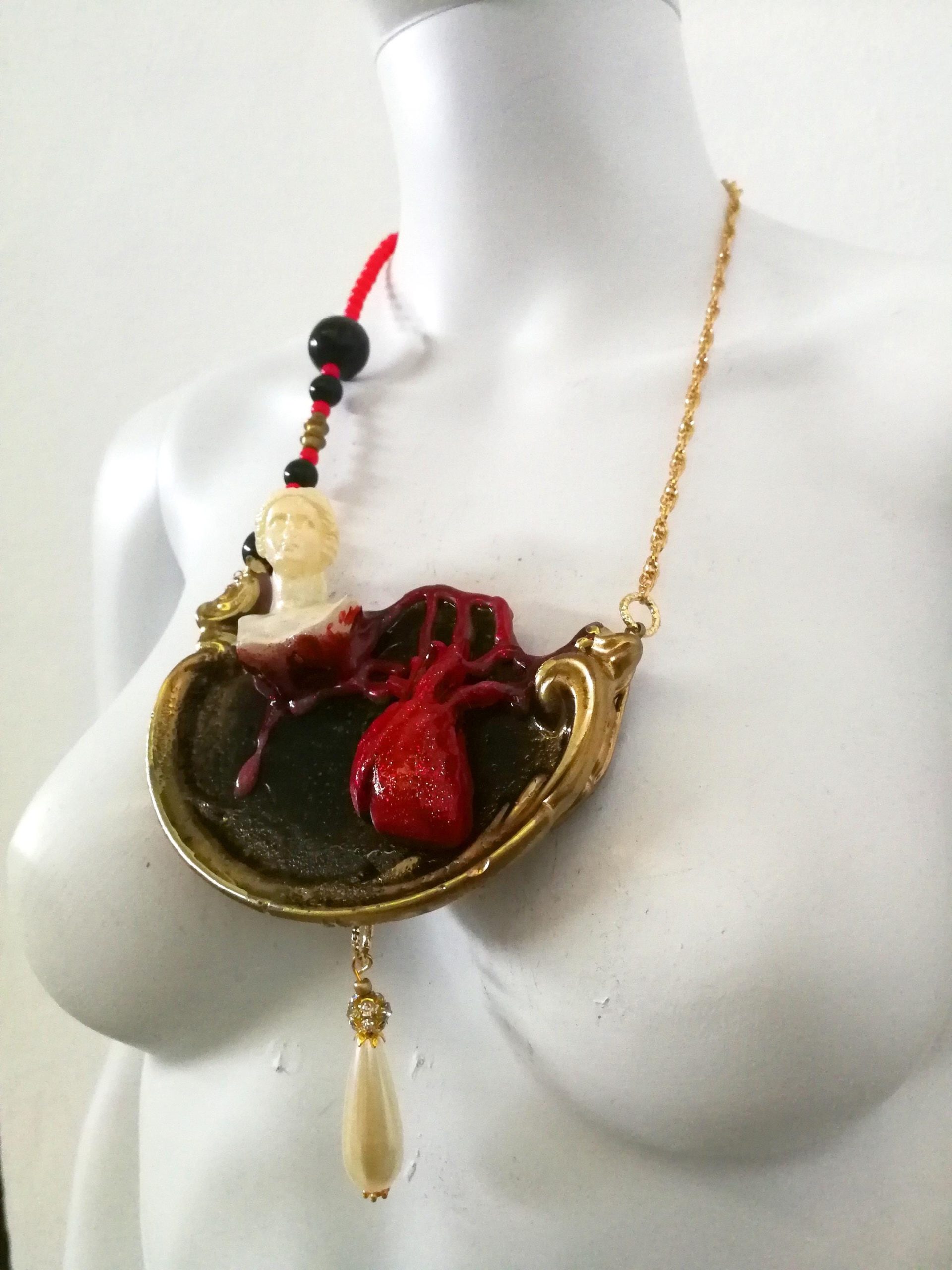 Brutalist Heart Pendant Necklace, Antique Statue, Pearl Jewelry