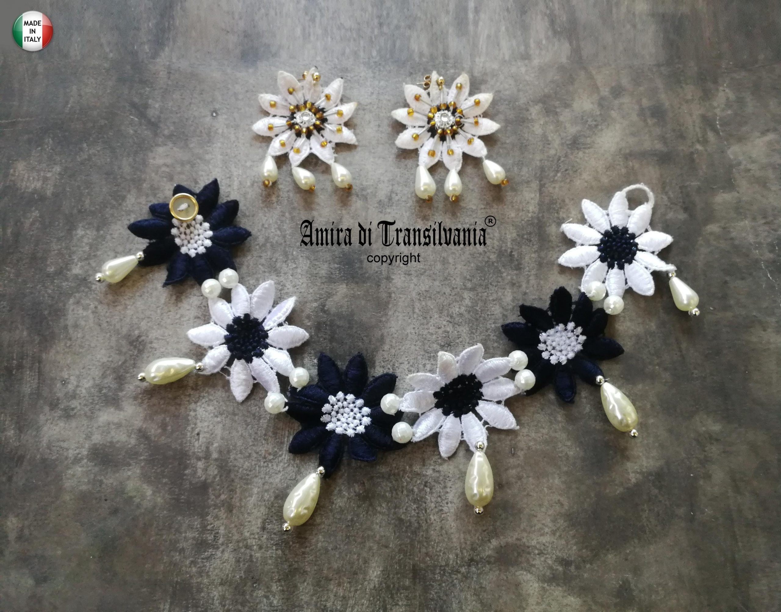 Bride Jewelry Set, Macrame Earrings Choker Embroidered, Pearl Wedding Accessories, Crochet Lace Flower Necklace