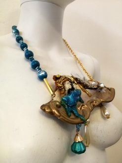 Brutalist Art Deco Bib Necklace, Doll Charm, Pearl Stone Pendant
