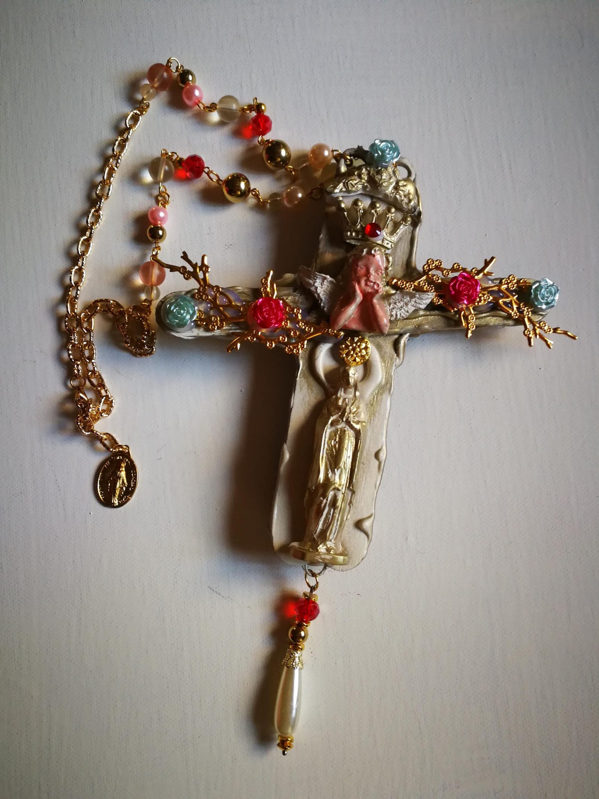 Baroque Virgin Mary Cross Pendant, Rococo Cherubim Bib Necklace