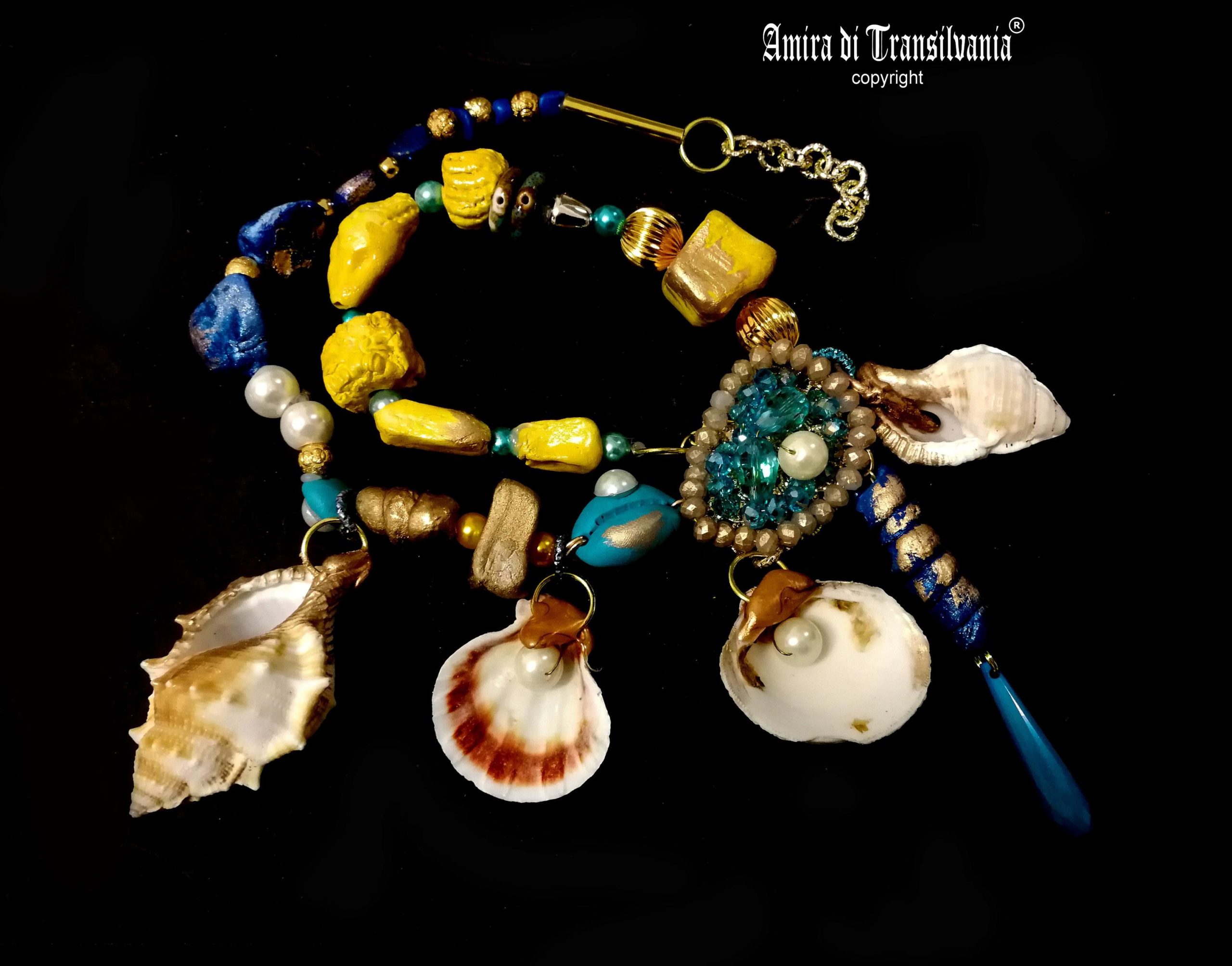 Puka Shell Necklace, Maximalist Design Luxury Statement Charm, Natural Seashell Conch Abalone & Ceramic Jewelry