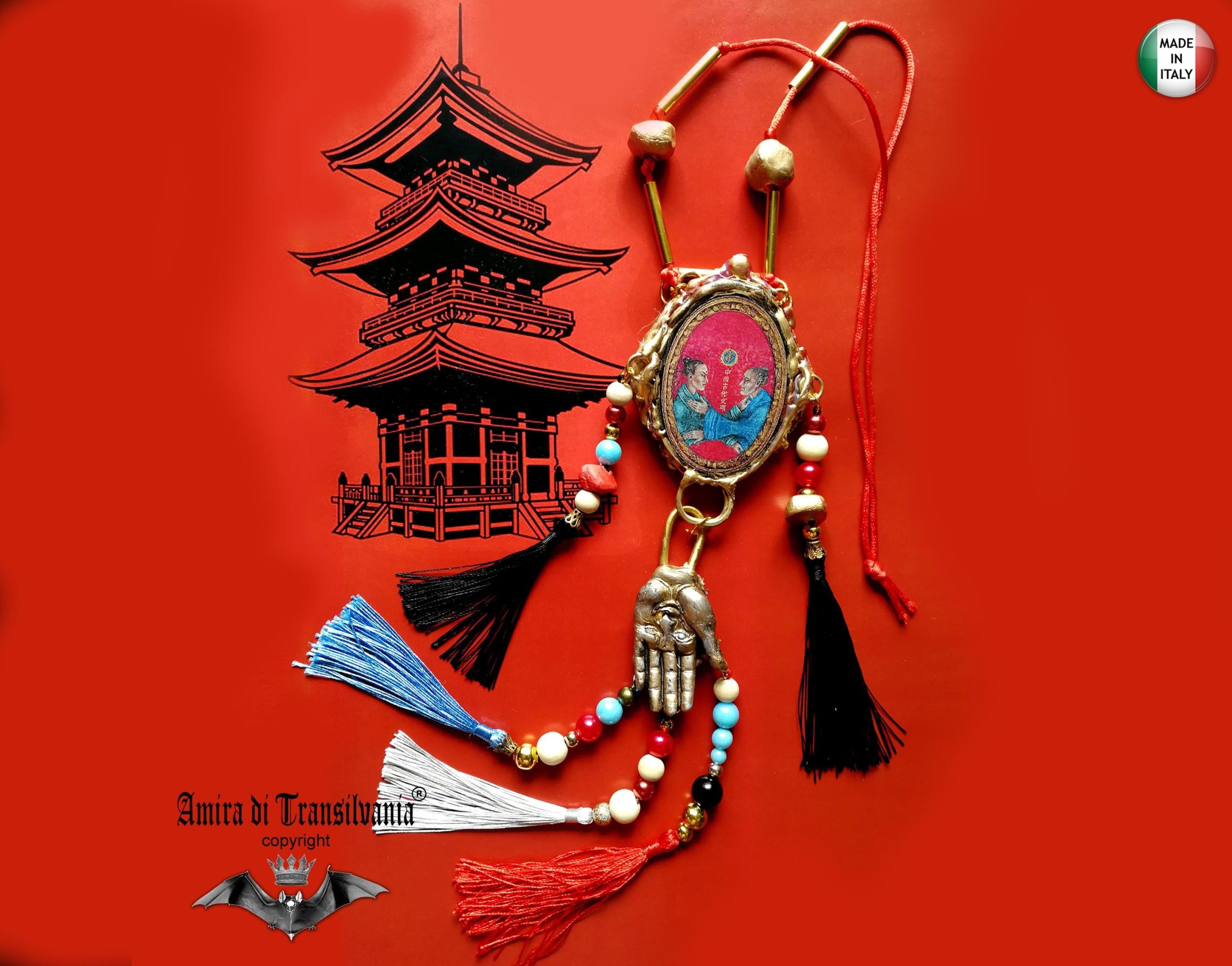 Buddha Jewelry, Statement Necklace Chunky Tribal Beaded Choker, Buddhist Pendant & Dragon Eye Sculptural Luxury