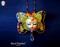 Butterfly Necklace, Doll Head Pendant Statement Jewelry, Sculptural Liberty Belle Epoque Golden Age Charm