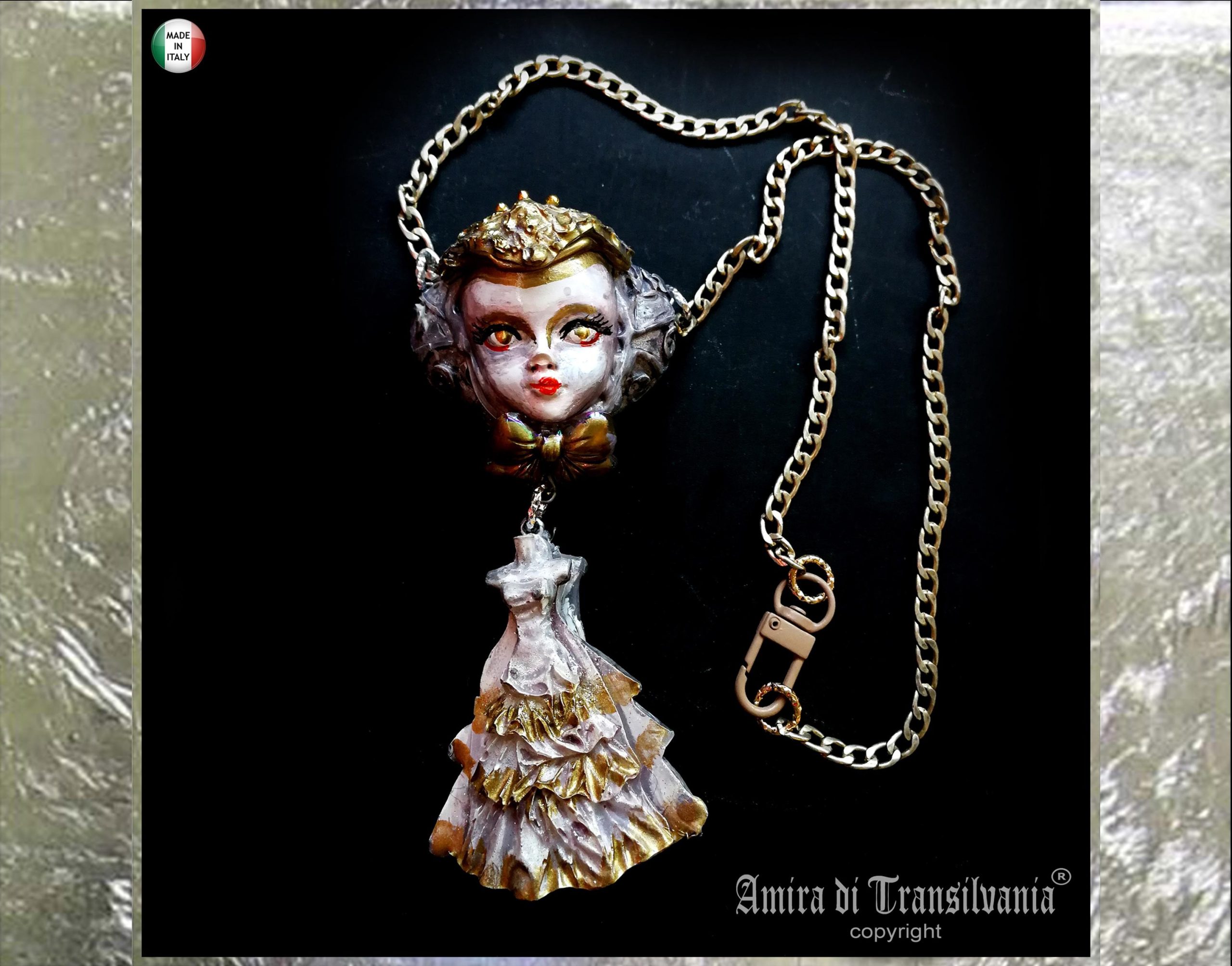 Art Deco Pendant Doll, Anastasia Romanov Russian Princess, Crown Locket Amulet Jewelry Vintage Chain