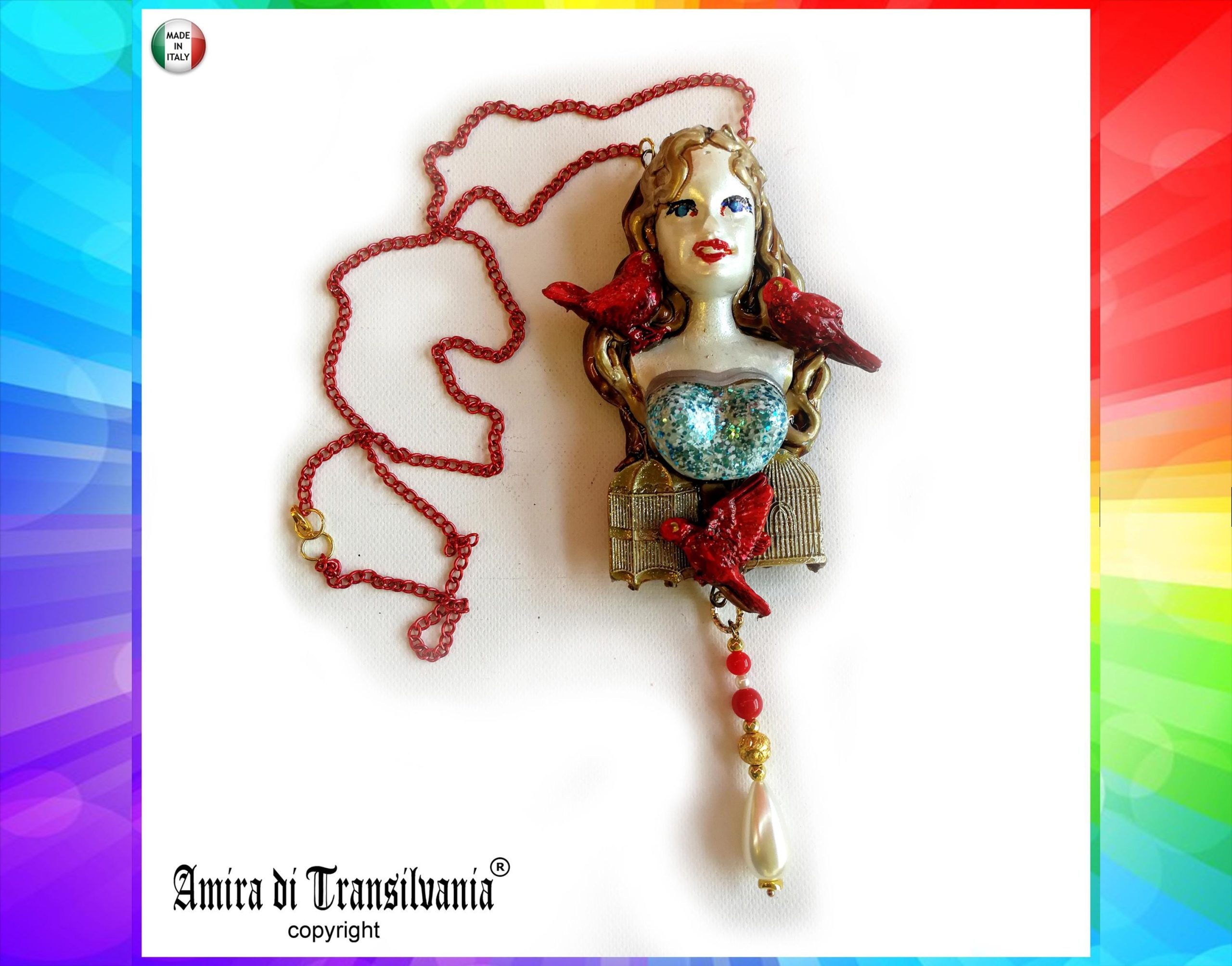 Belle Epoque Jewelry, Art Deco Doll Head Sculpture Pendant, Red Bird Cage Golden Liberty