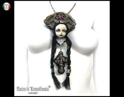 Gothic Necklace, Doll Head Sculpture Pendant, Wednesday Addams Goth Jewel Charm, Fairy Tale Jewelry
