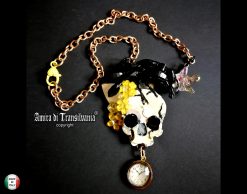 Victorian Gothic Jewelry, Baroque Statement Pendant Memento Mori, Skull Crowned Crow Black Raven Necklace