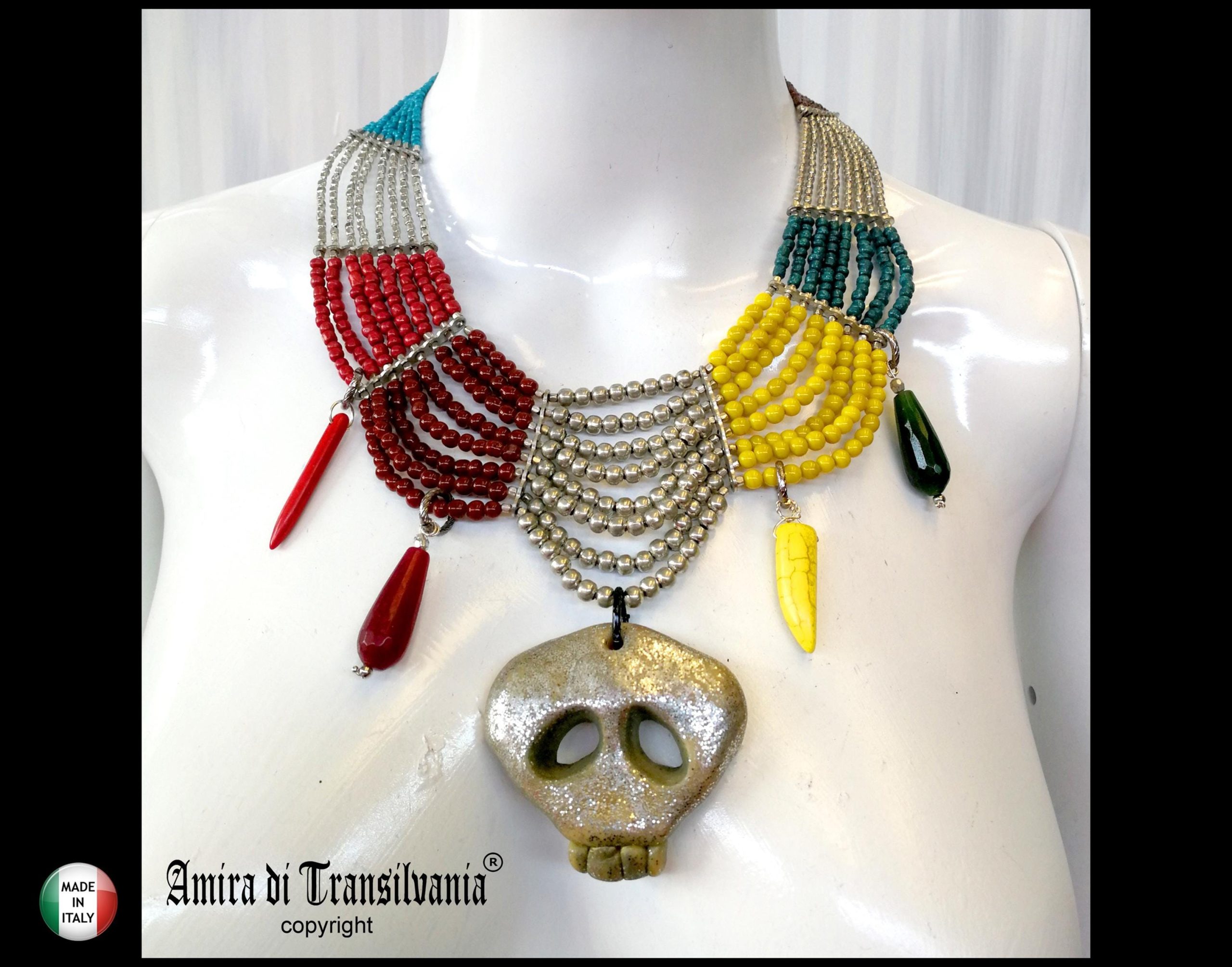 Mexican Jewelry, Ethnic Glamour Necklace, Whimsical Skull Pendant, Luxury Boho Charm Tribal Horn Gemstone