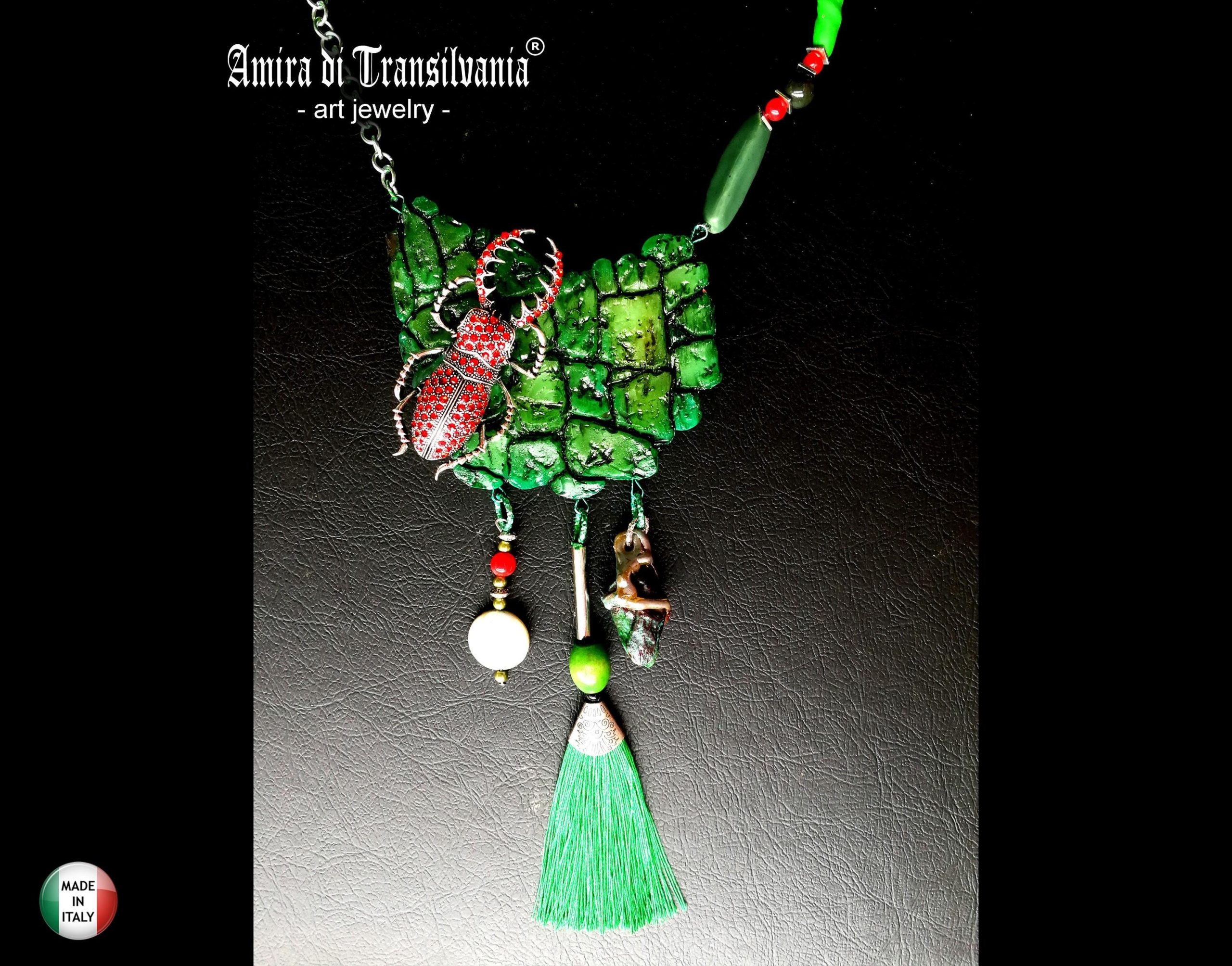 Scarab Beetle Pendant, Insect Necklace Forest, Maximalist Luxury Statement Jewelry Bib Tassel Charm Stone