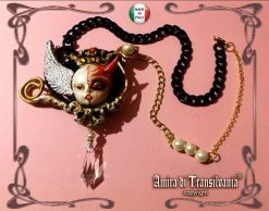 Angel and Demon Pendant, Vintage Doll Necklace, Devil Horn Jewelry, Winged Cherub Beaded Charm