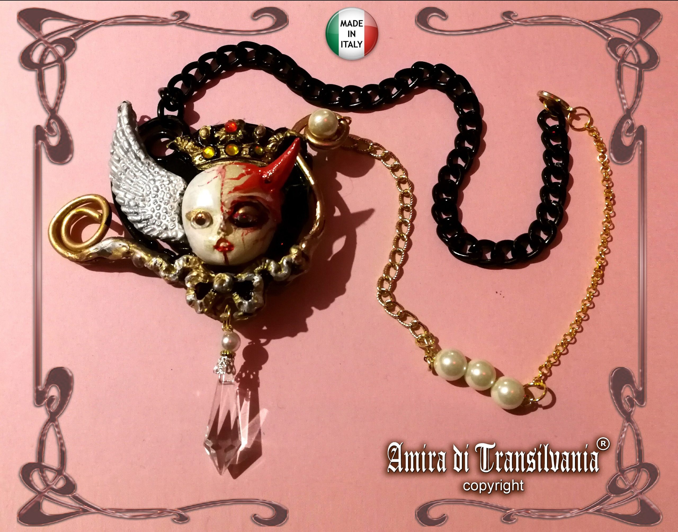 Angel and Demon Pendant, Vintage Doll Necklace, Devil Horn Jewelry, Winged Cherub Beaded Charm