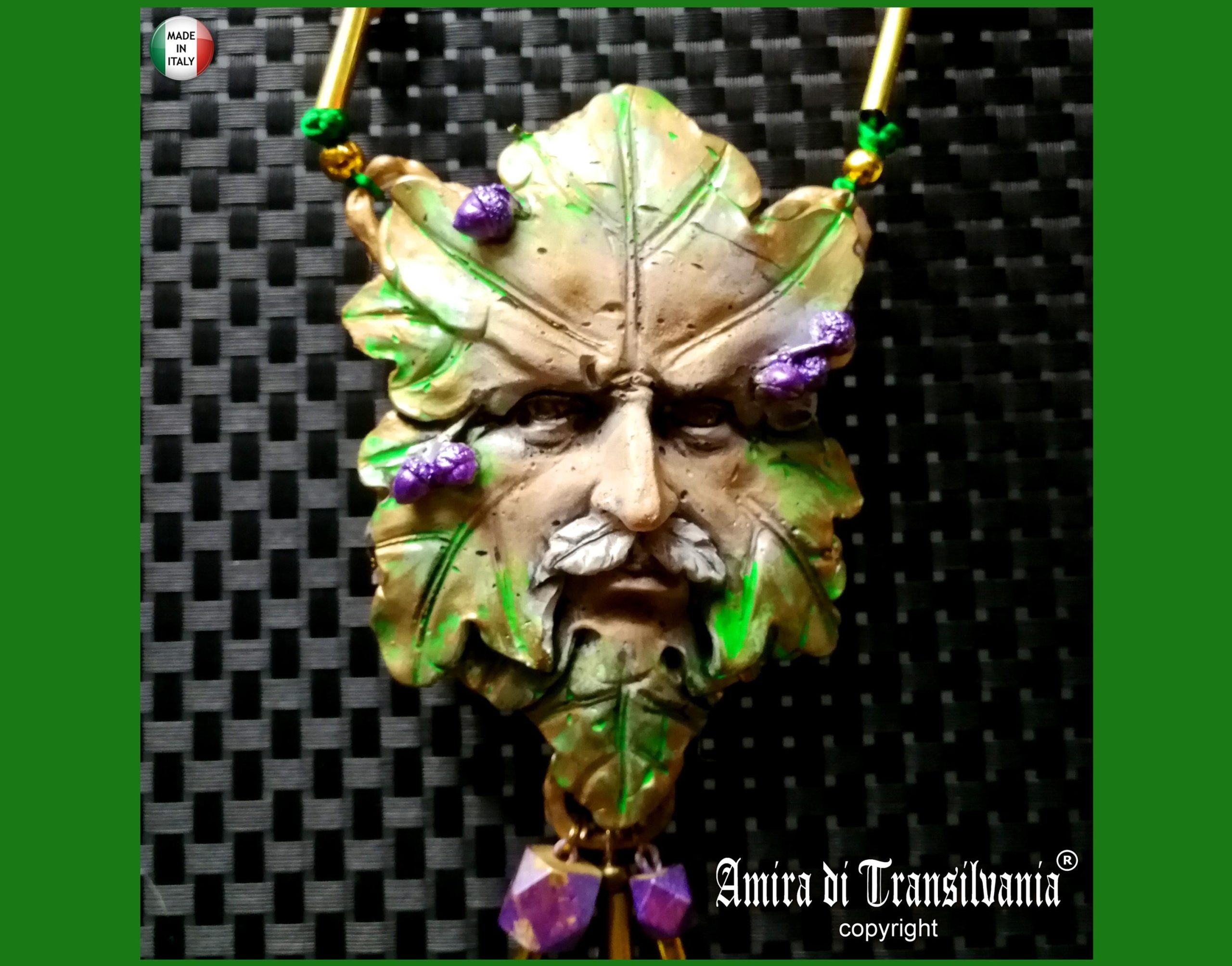 Designer Jewelry, Chunky Pendant Forest Spirit Guide, Green Elf Little People Locket Necklace Charm
