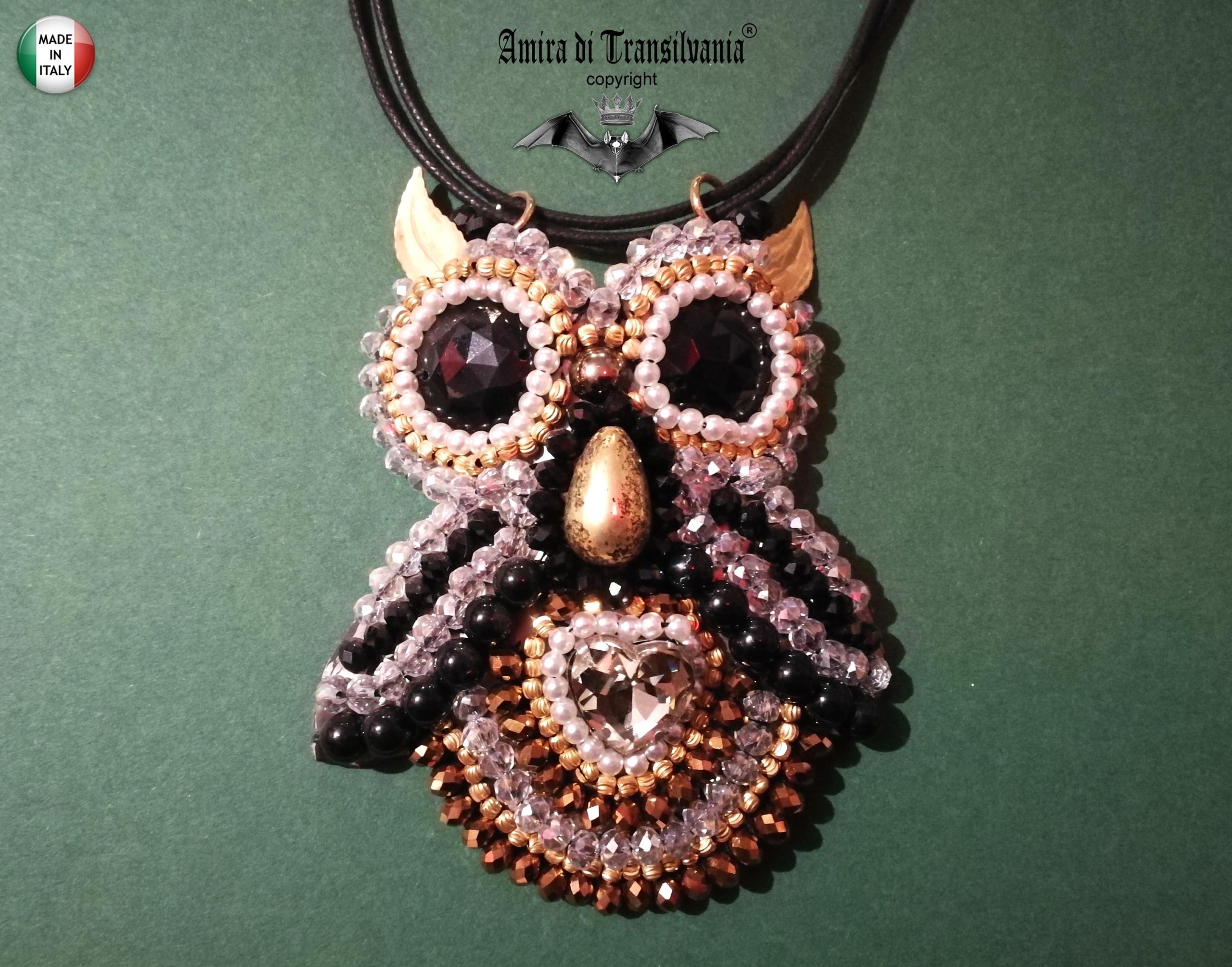 Owl Pendant, Statement Jewelry Nocturnal Bird Gothic Necklace, Embroidered Pendant Beaded Pearl Crystal Charm