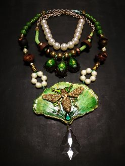 Fine Jewelry, Fan Leaf Bold Necklace, Chunky Pendant Art Nouveau Nature Pearl Crystal Charm