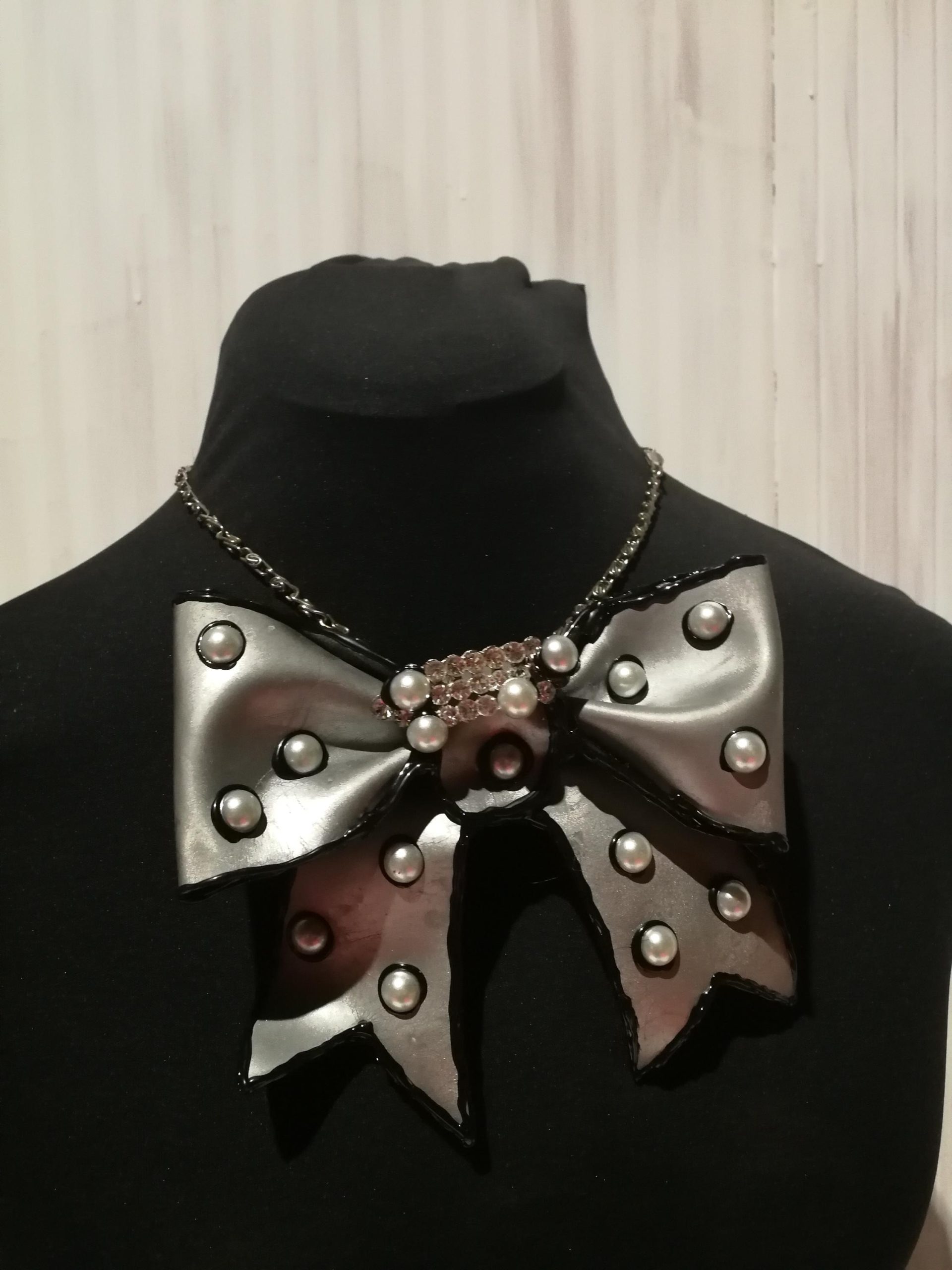 Big Bow Silver Pendant Necklace, Pearl Choker, Handmade Italian Couture