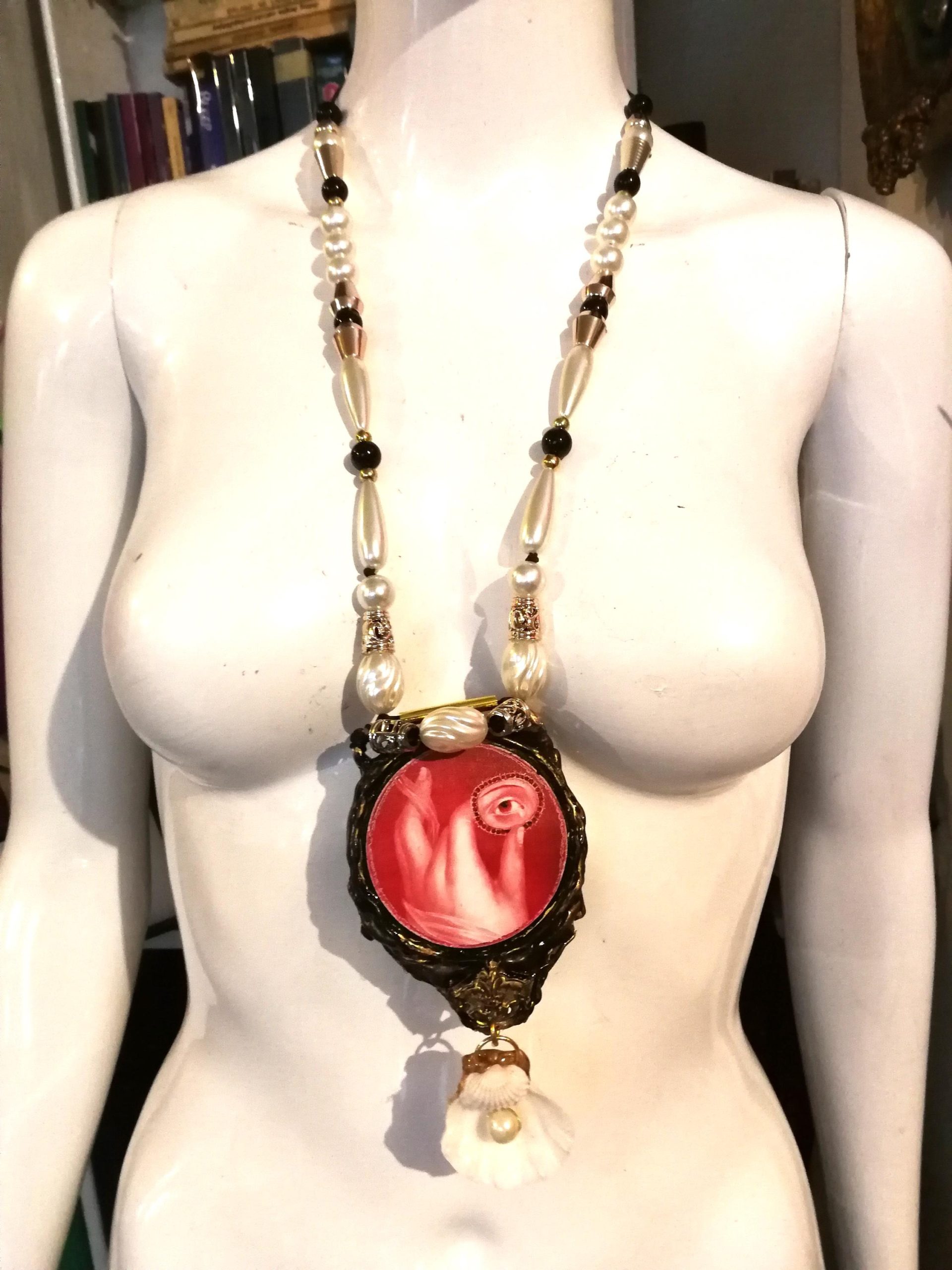 Baroque Pearl Necklace, Conch Shell Eye & Hand Jewelry, Luxury Pendant Rococo Charm Statement Jewellery