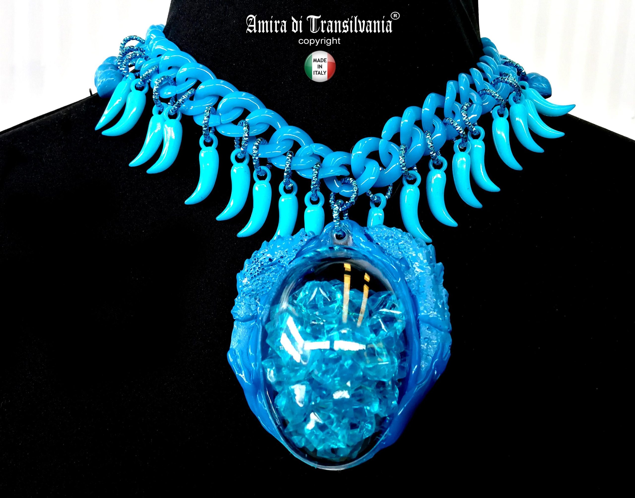 Dragon Egg, Futuristic Necklace, Cornicello Italian Horn Charm, Fantasy Fairy Tale Pendant, Transparent Jewelry