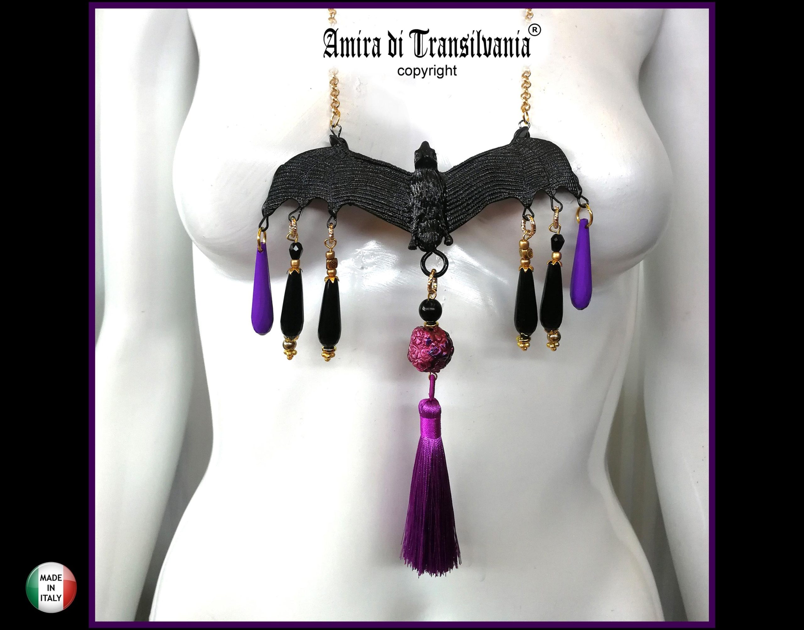 Bat Vampire Jewelry Dark Necklace, Beaded Tassel Pendant Chain, Gothic Punk Rock Jewel Charm