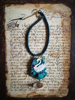 Swan Necklace, Statement Charm Pendant, Seashell Fine Jewelry Sculpture Luxury Turquoise Pearl & Raw Stone