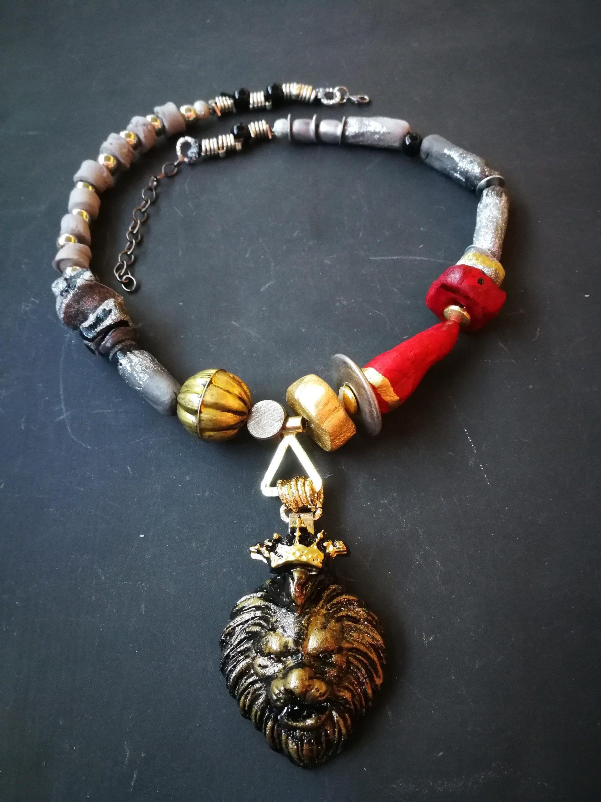 Lion Pendant, Designer Jewelry Sculptural Statement Big Bold Chunky Necklaces Golden Crown Wild Animal