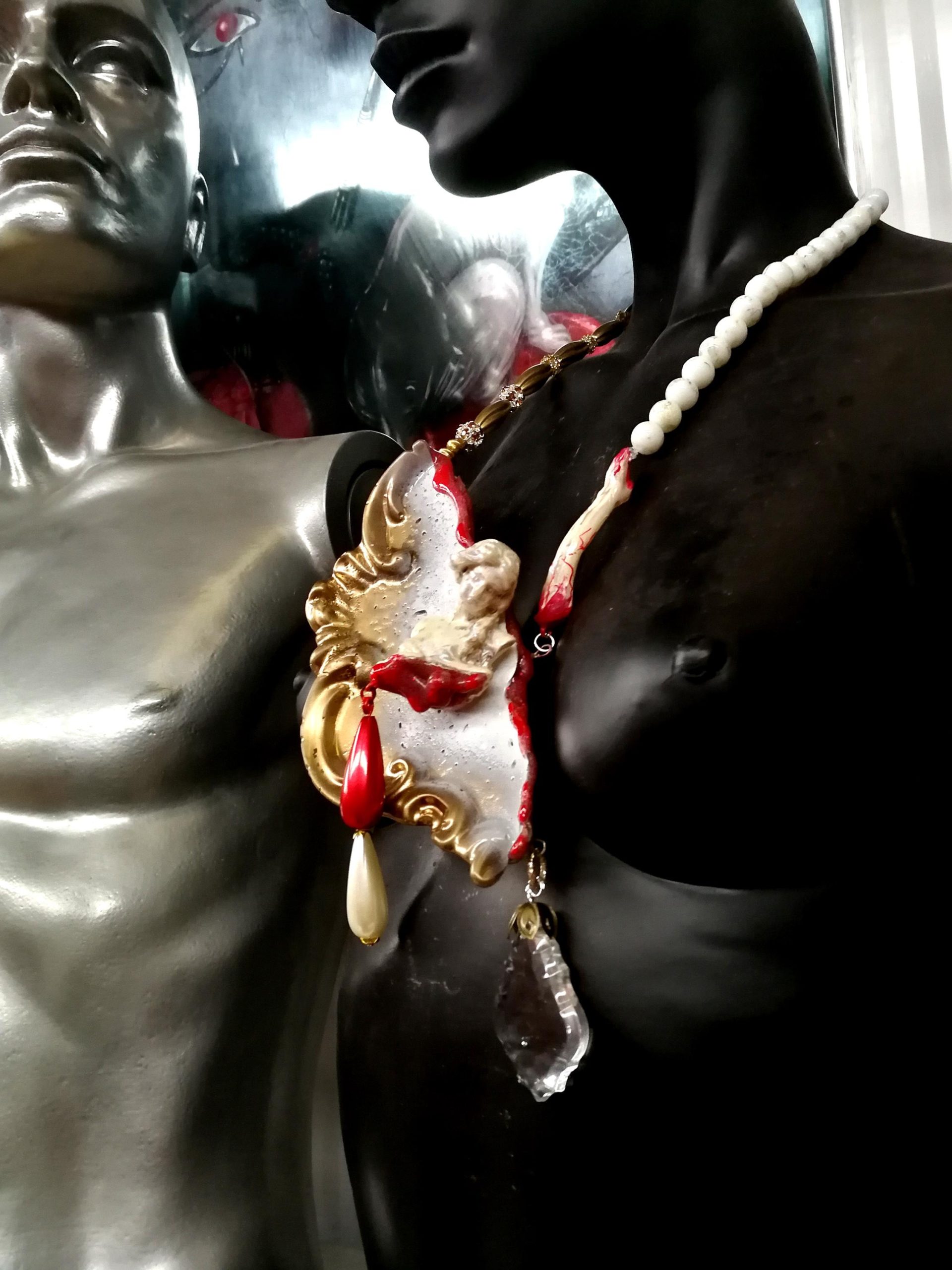 Dramatic Jewelry Baroque Luxury Bib Pendant, Sculptural Antique Statue Charm Crystal & Pearl Statement Necklace