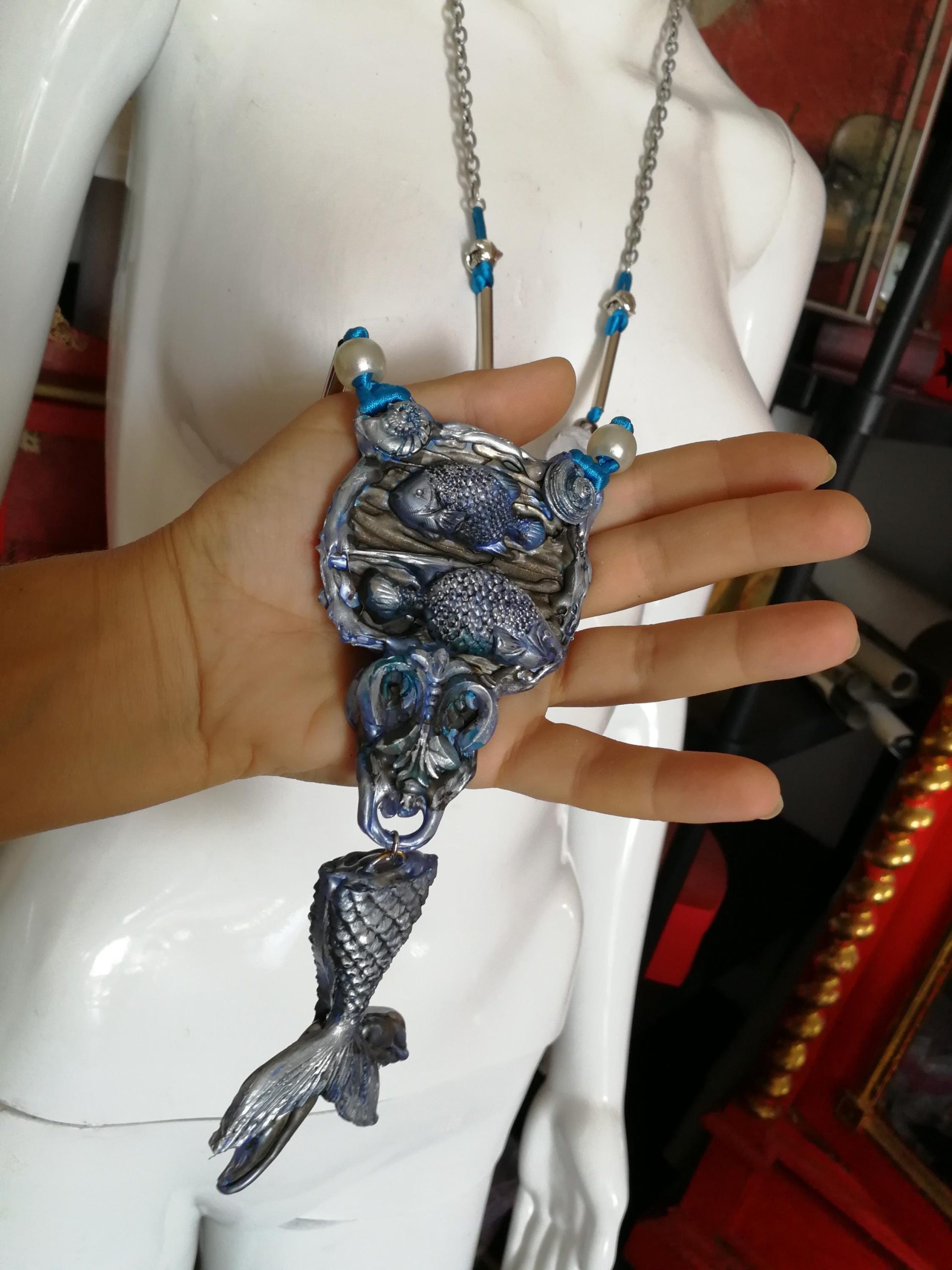 Siren Tail Jewel, Mermaid Necklace Jewelry, Statement Luxury Sculpture Fish Pendant Sea Life Chain