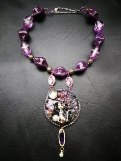 Rough Amethyst Statement Necklace Rhinestone Ball Accents Cat & Moon Chunky Pendant Design Beaded Jewelry