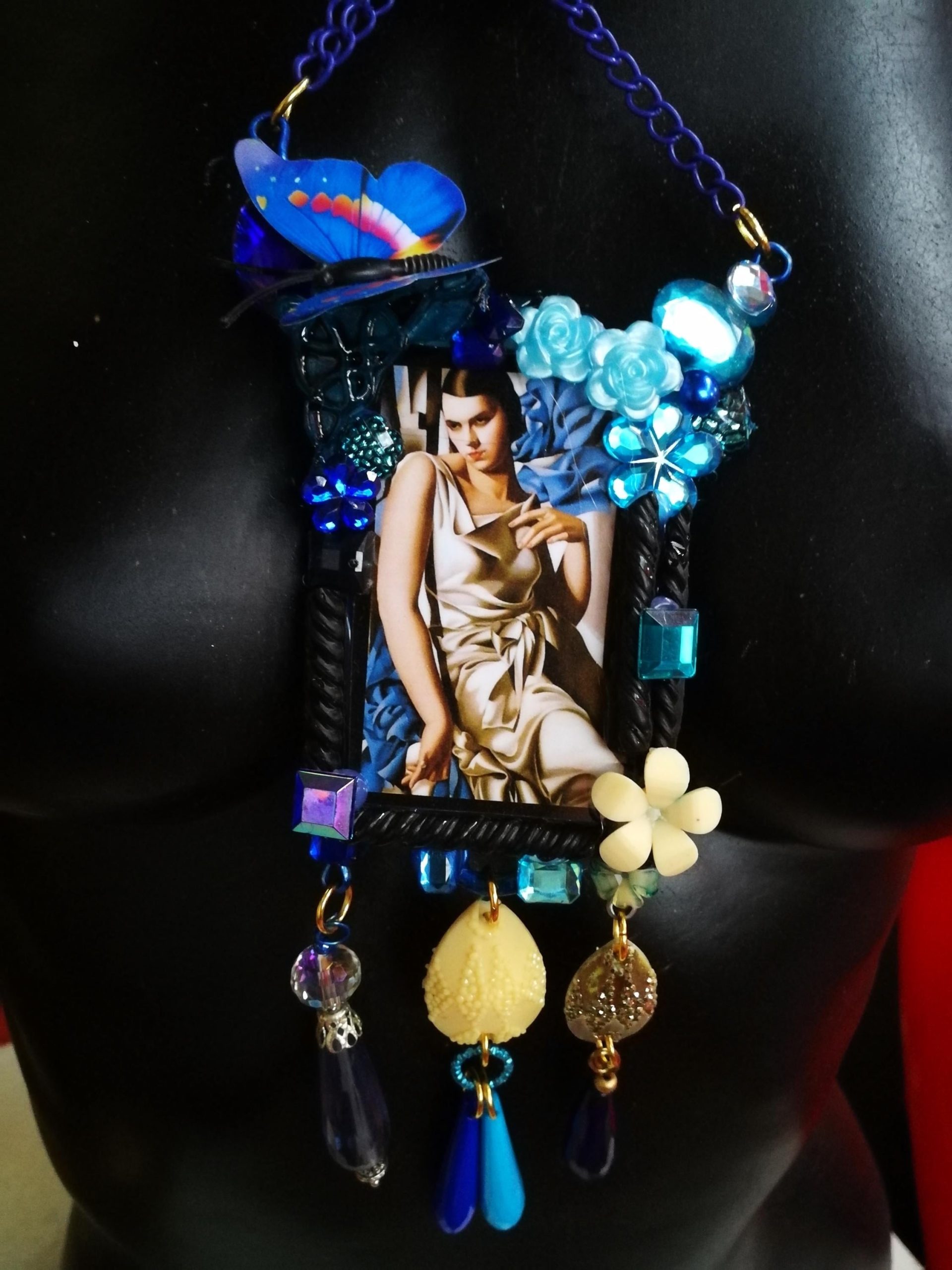 Art Deco Necklace, Artist Statement Jewelry Royal Portrait & Butterfly Flower Retro Pendant Charleston Collar