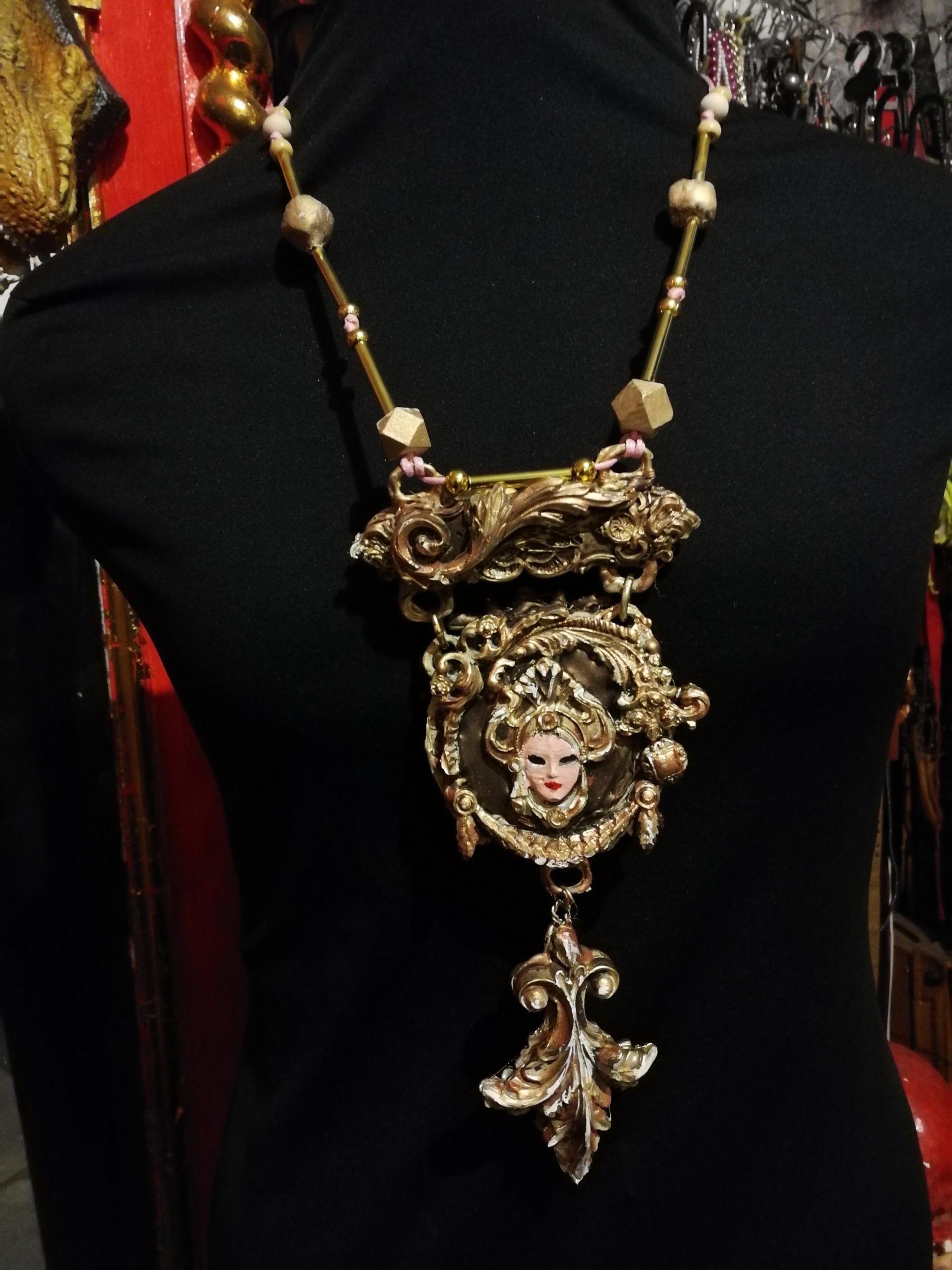 Venetian Mask Pendant, Sculptural Baroque Theatre Charm, Rococo Statement Massive Costume Jewelry OOAK Luxury