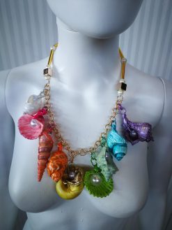 Puka Shell Necklace, Maximalist Design Handmade Painted Natural Seashell Conch Jewelry Rainbow Abalone Multicolored