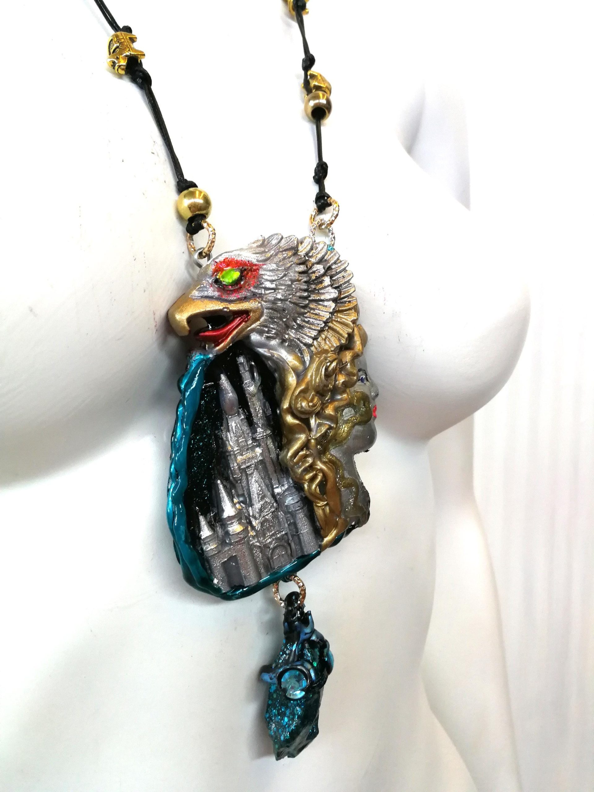 Silver Eagle Pendant, Statement Necklace Vulture Wild Bird Jewelry, Viking Castel Raw Stone Charm