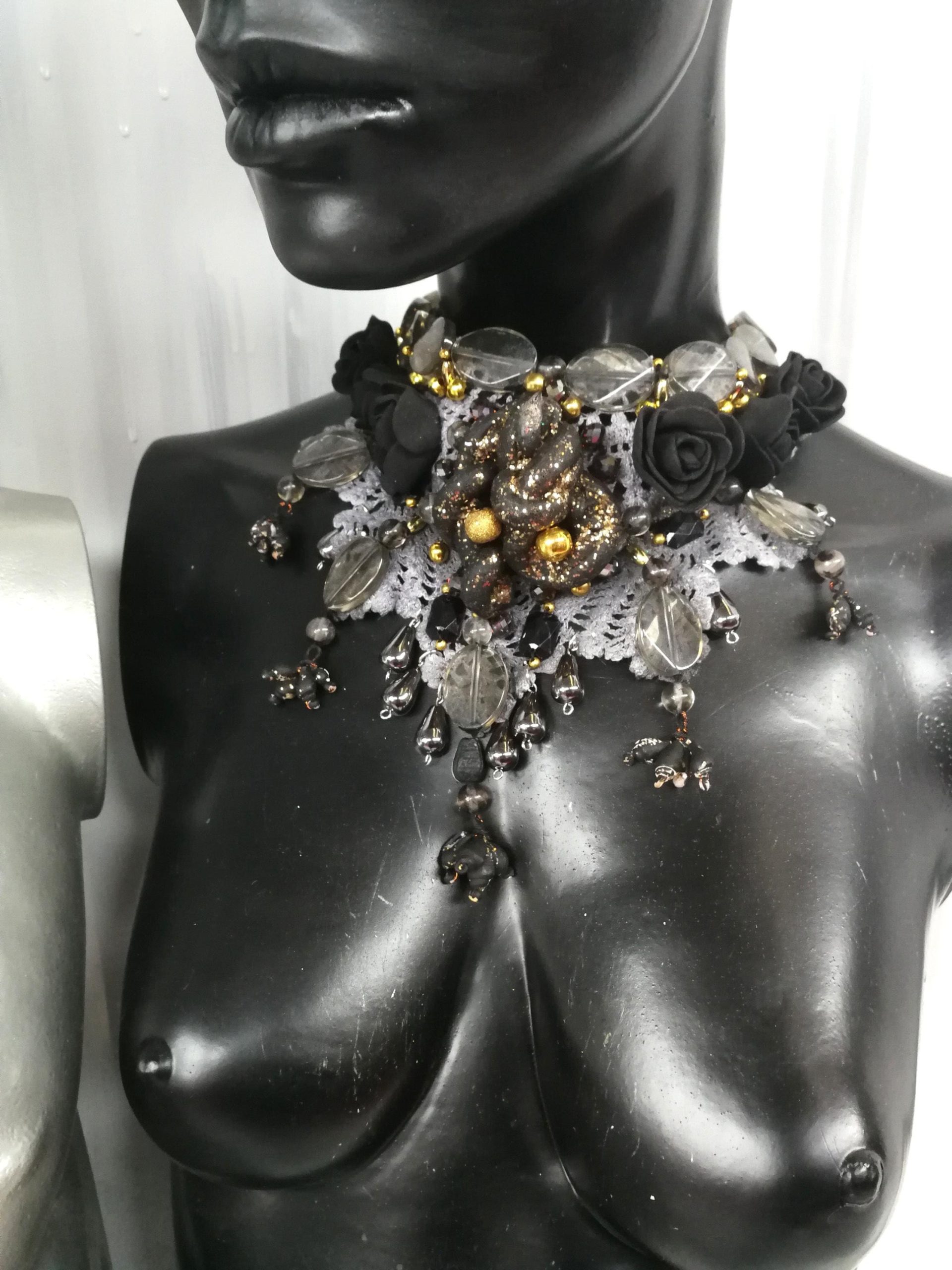 Marie Antoniette Choker, Embroidered Macrame Lace Jewelry, Locket Medallion Statement Necklace Collar Black Roses