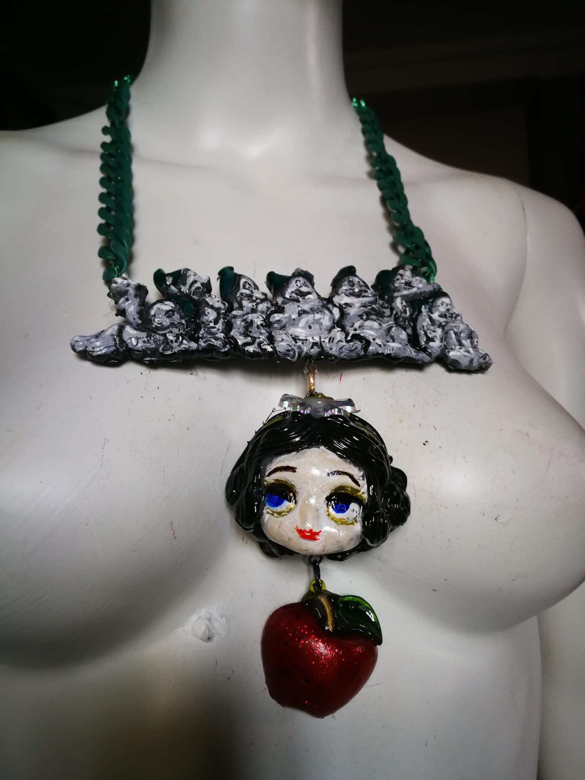 Whimsical Jewelry, Snow White & the Seven Dwarfs Necklace Manga Doll Fantasy Pendant Cartoonish Apple Charm