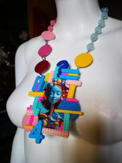 Futuristic Necklace 1970 Design Jewelry, Modernist Beaded Pop Art, Disco Fashion Style Multicolored Pendant