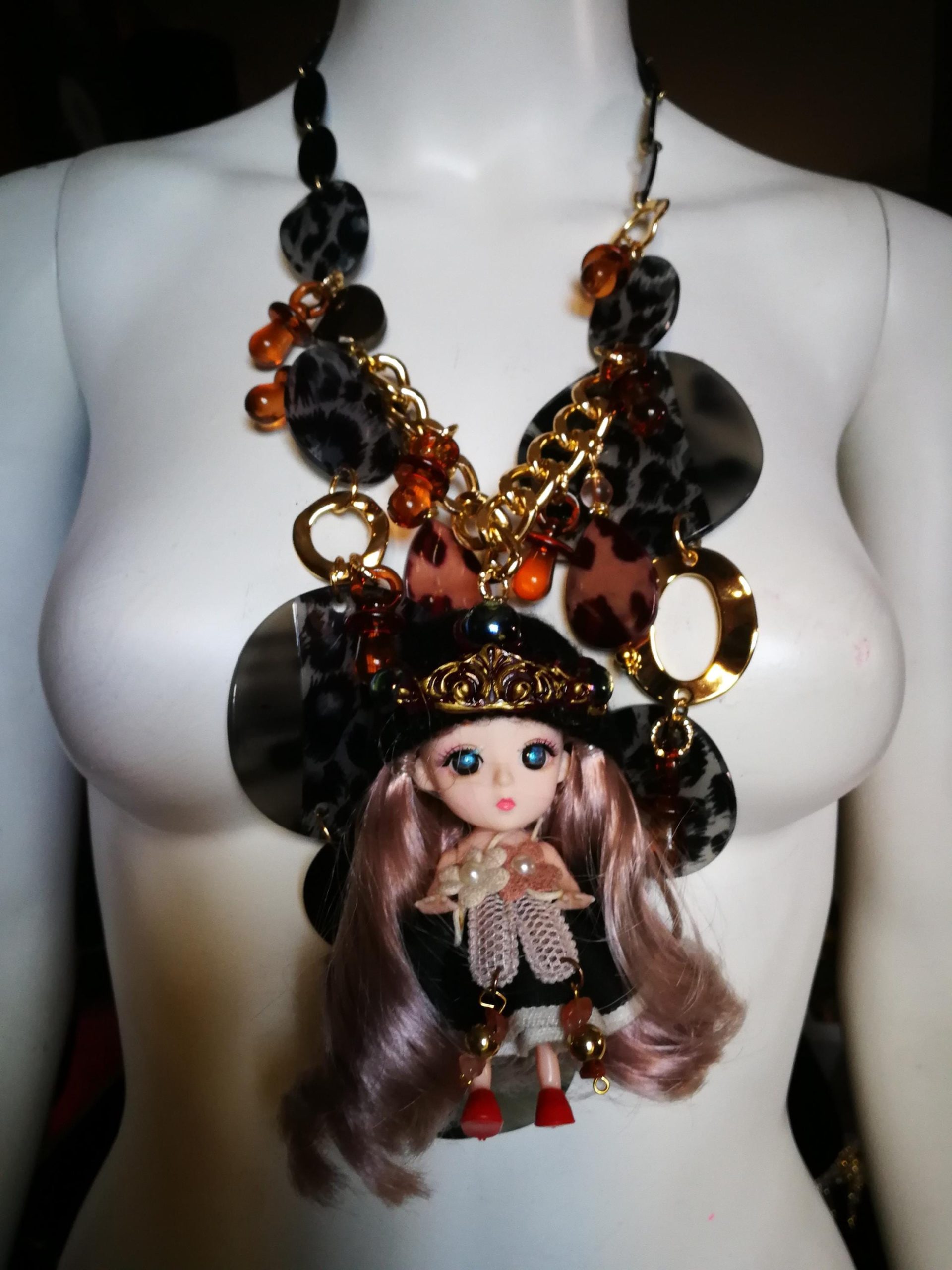 Tribe Designs, Extravagant Wild Life Doll Pendant, Designer Jewelry Chunky Necklace Charm, Folk Collar