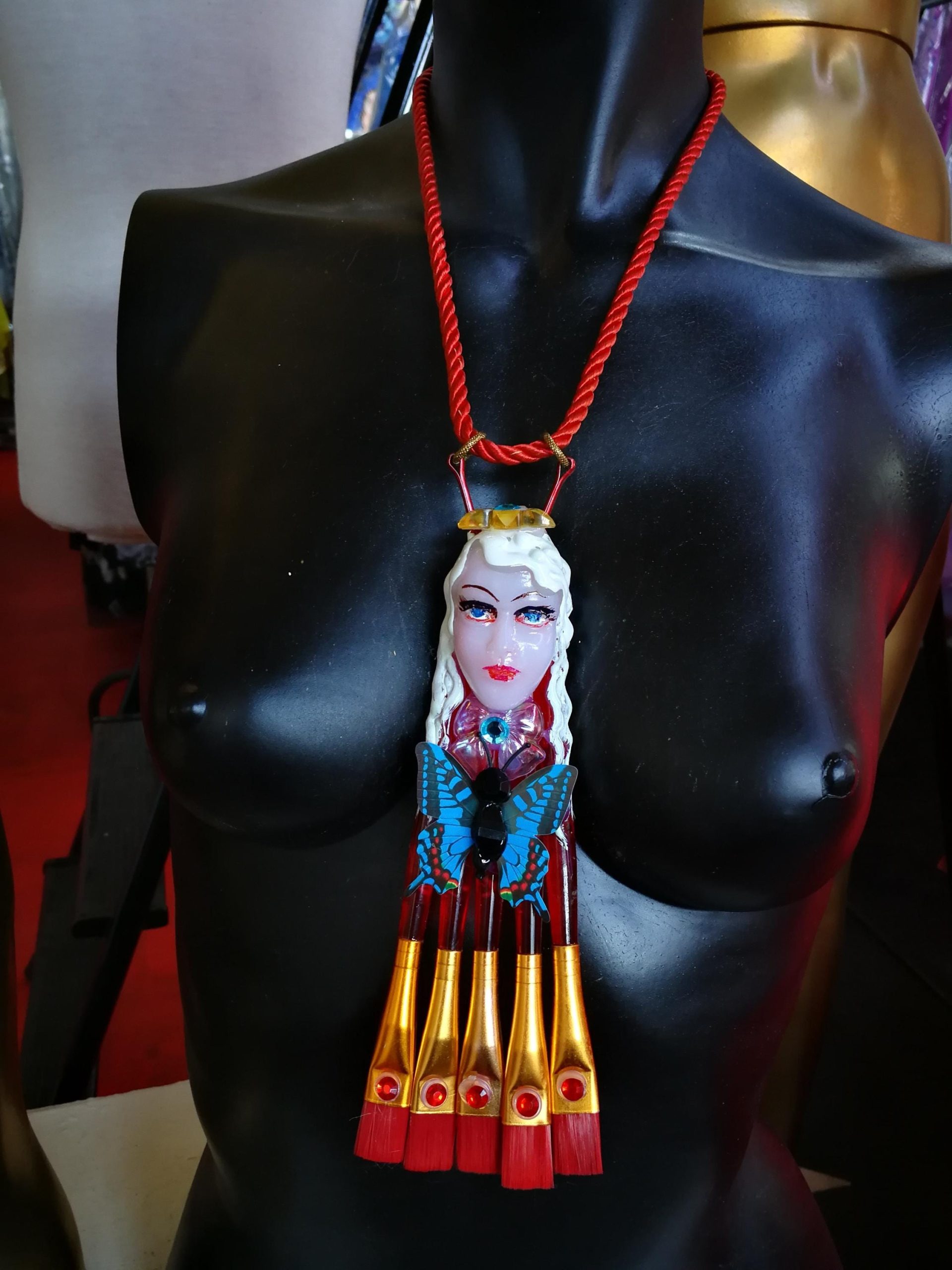 Statement Jewelry, Assemblage Necklace Pendant Doll Head, Modernist Design Chunky Charm Artist Painter Brush