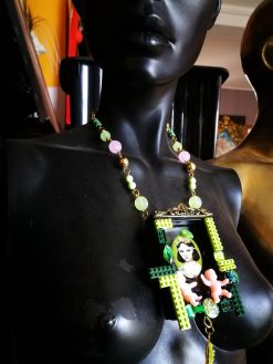 Assemblage Necklace, Vintage Portrait Pendant, Cameo Crystal Beads, Artist Doll Charm Statement Jewelry